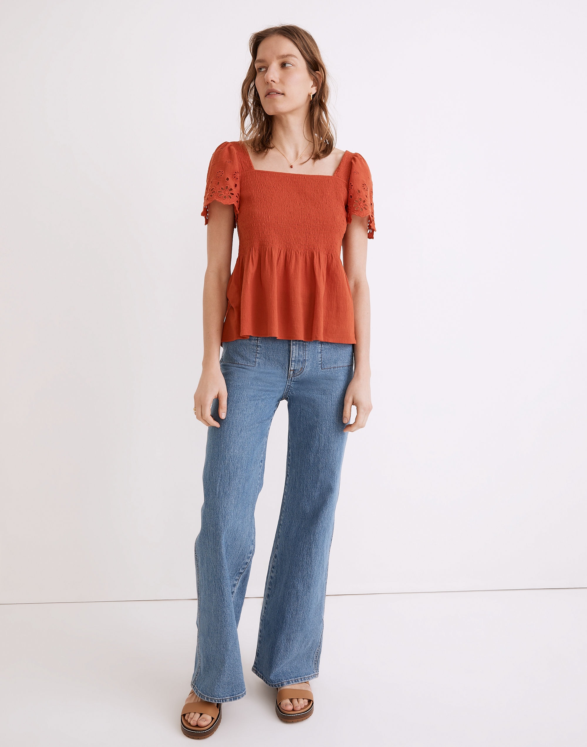 Eyelet-Sleeve Lucie Smocked Peplum Top | Madewell