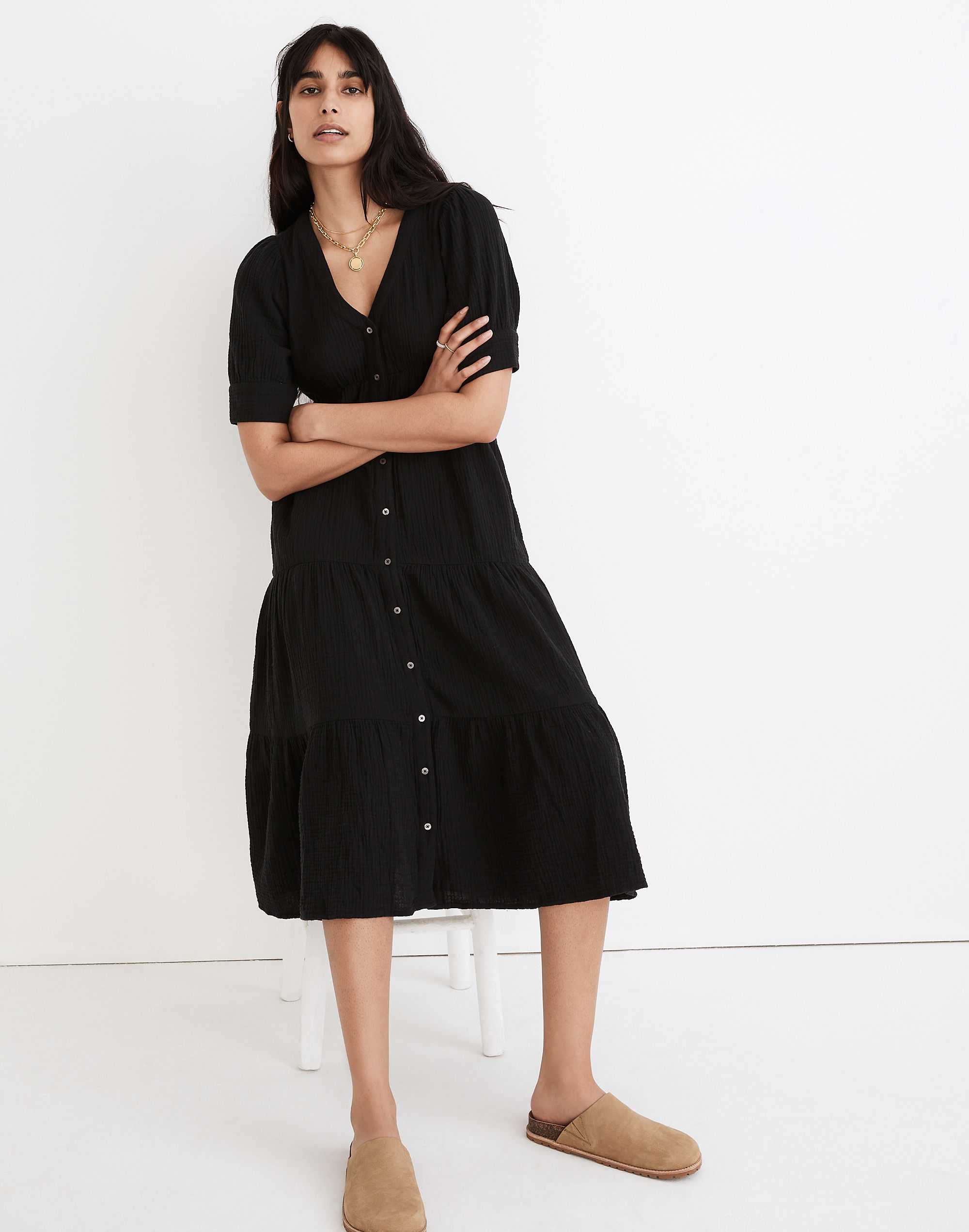 Lightspun Button-Front Tiered Midi Dress | Madewell