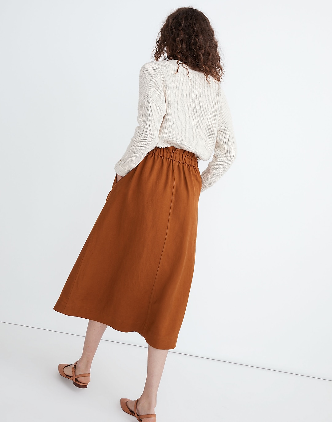 Button-Front Pull-On Skirt Linen-Blend Midi