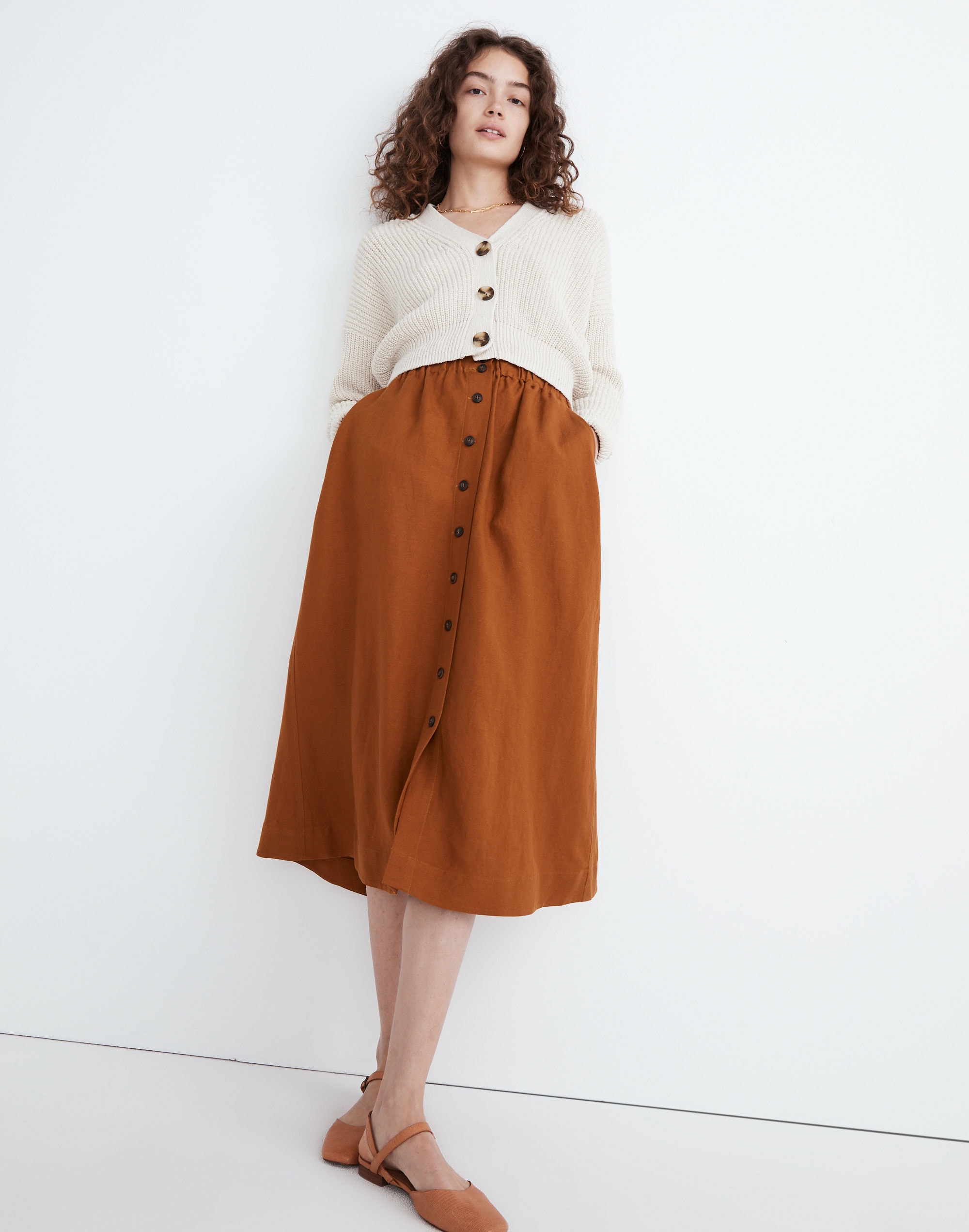Skirt Linen-Blend Button-Front Midi Pull-On