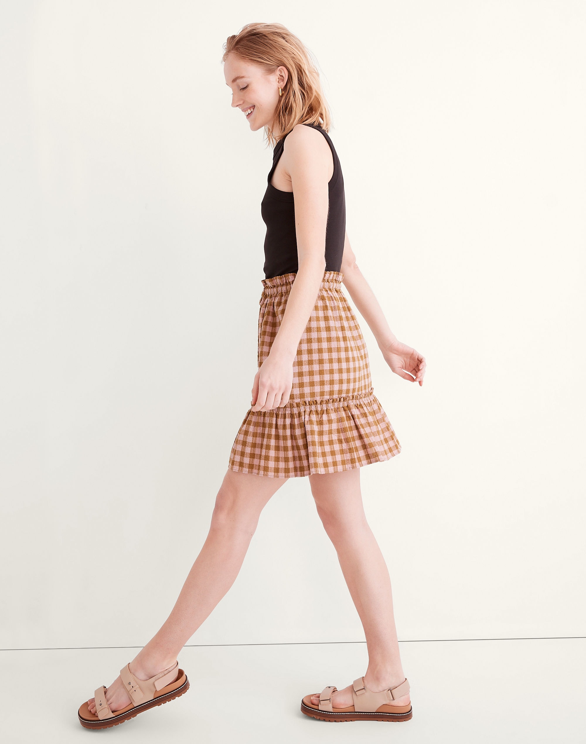 Pull-On Ruffle Tiered Mini Skirt in Gingham Seersucker