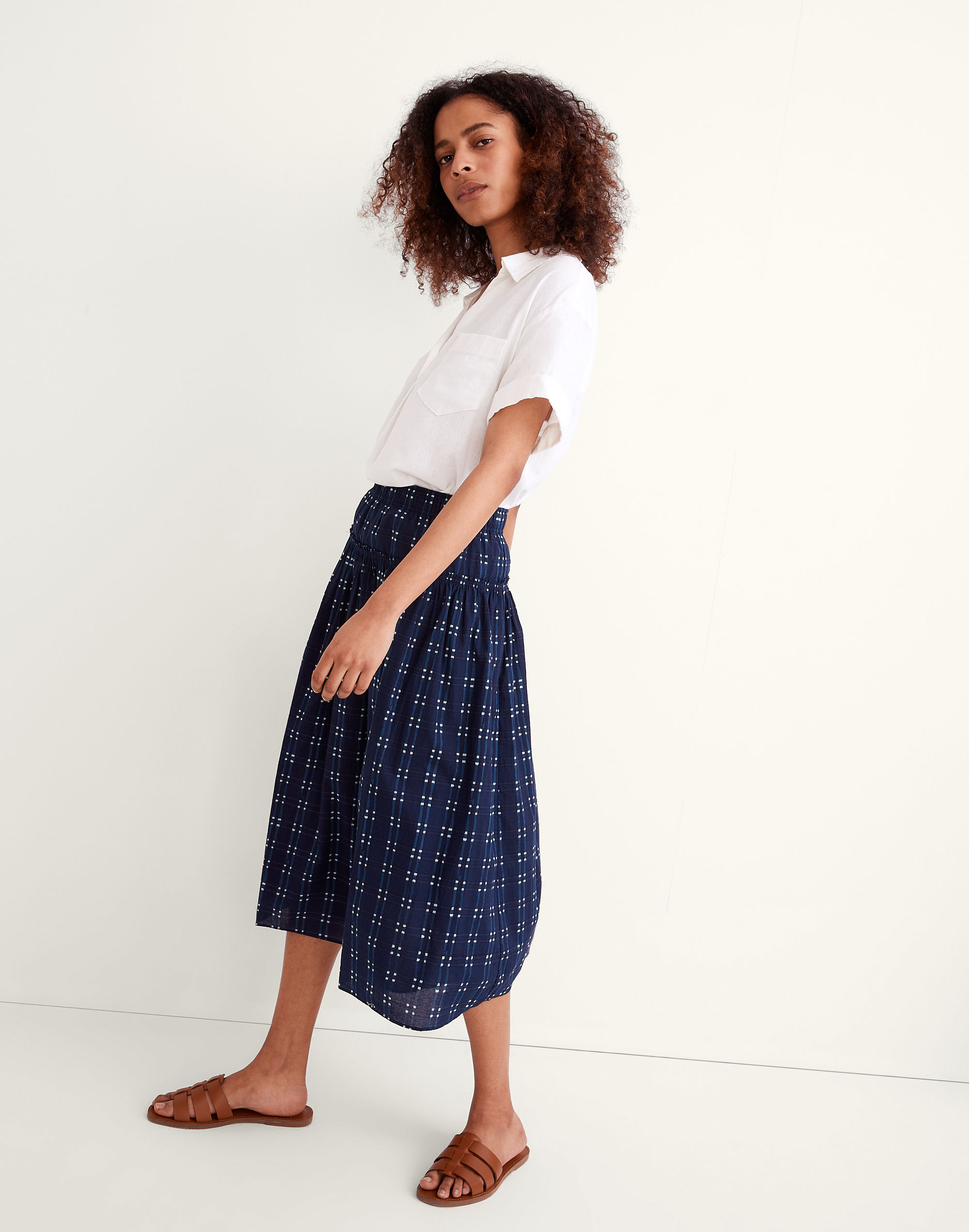 Pull-On Midi Skirt Shibori Indigo Plaid | Madewell