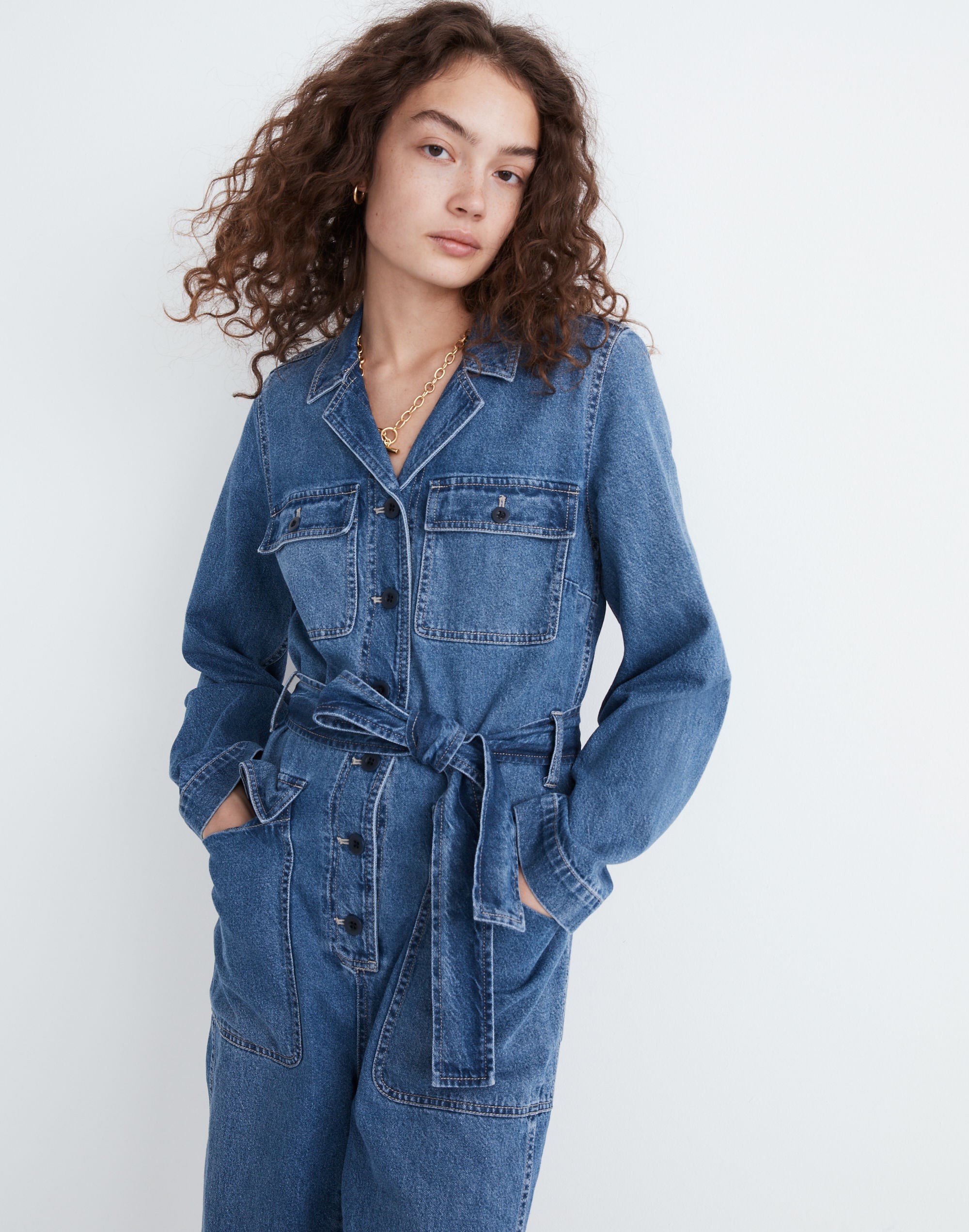 Denim Tie-Waist Jumpsuit in Claireville Wash