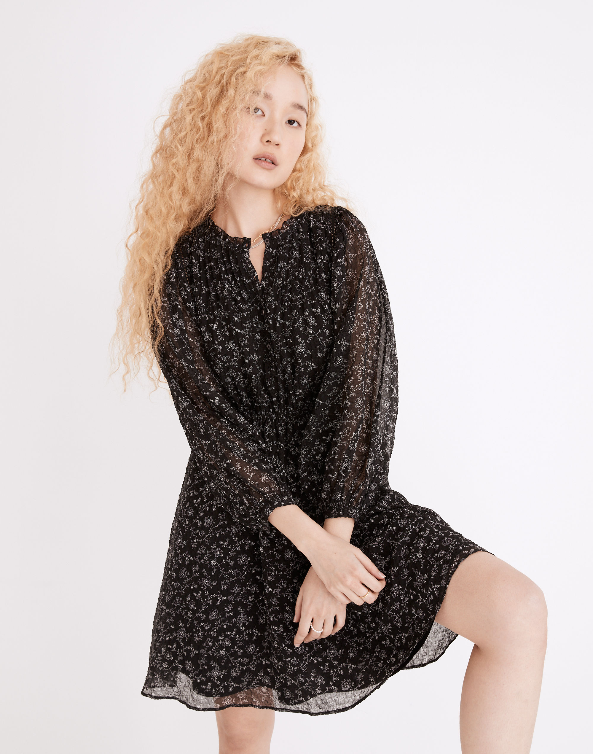 Ruffle-Neck Button-Front Mini Dress in Dotted Vines | Madewell