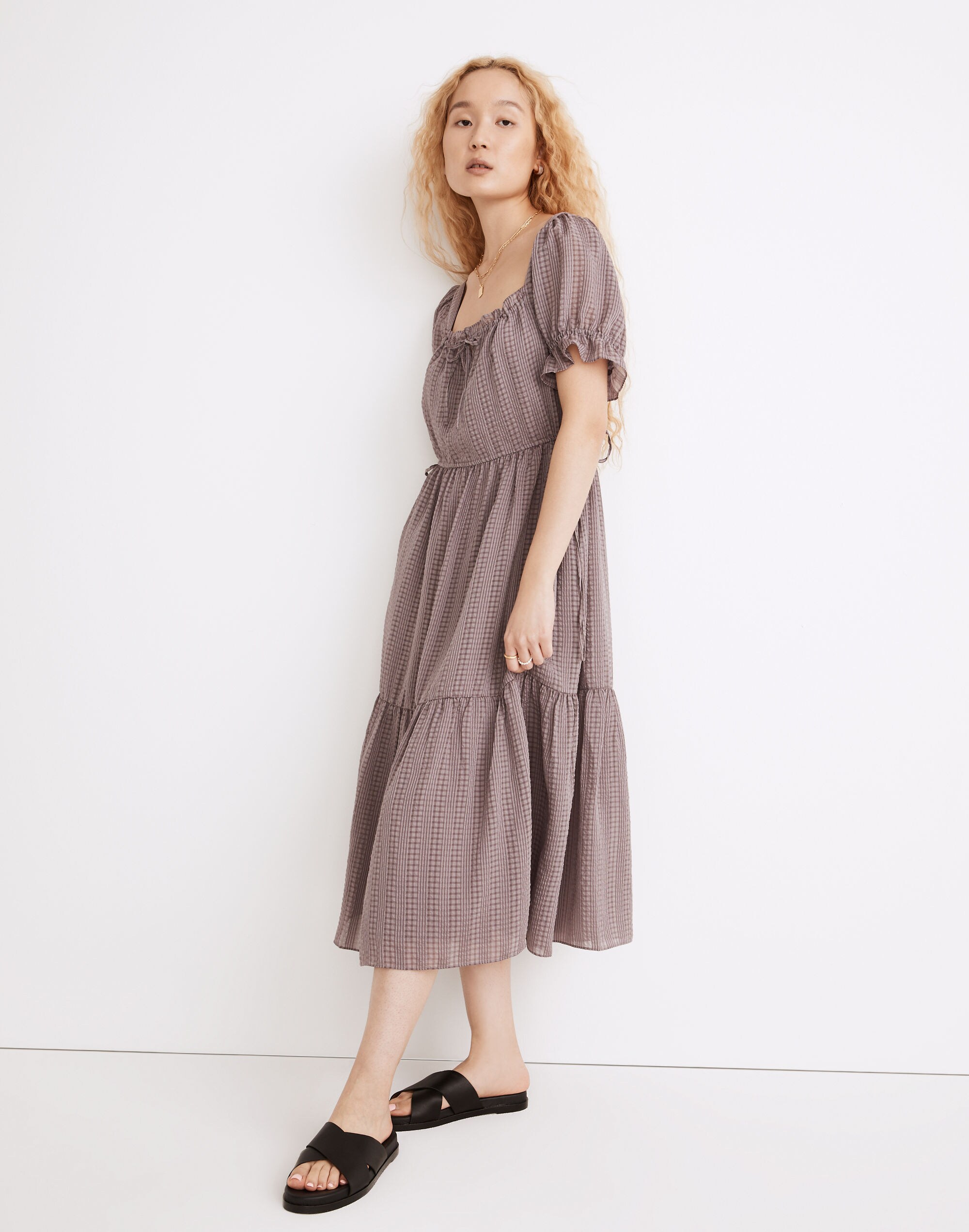 Square-Neck Tiered Midi Dress in Textured Seersucker