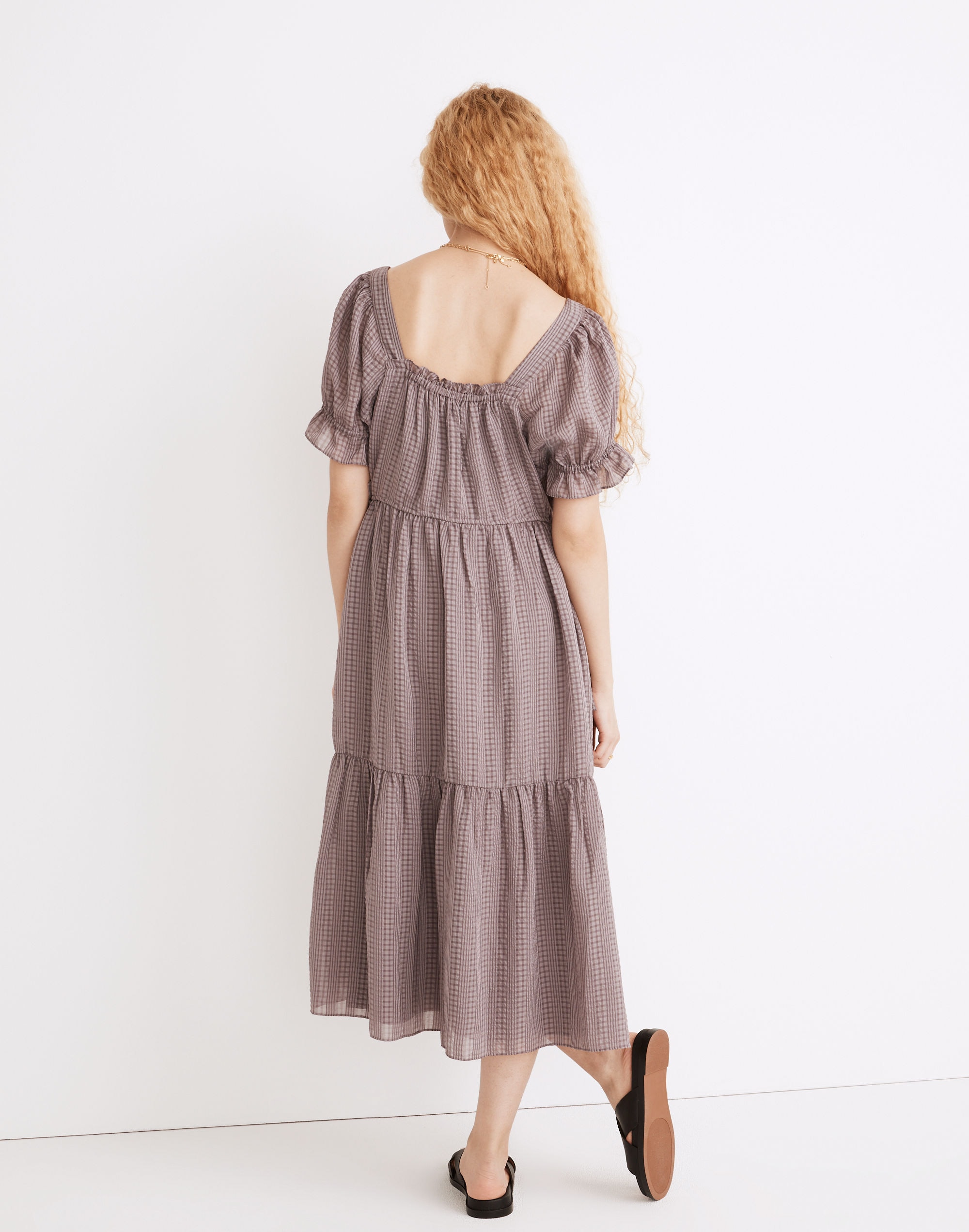 Square-Neck Tiered Midi Dress in Textured Seersucker