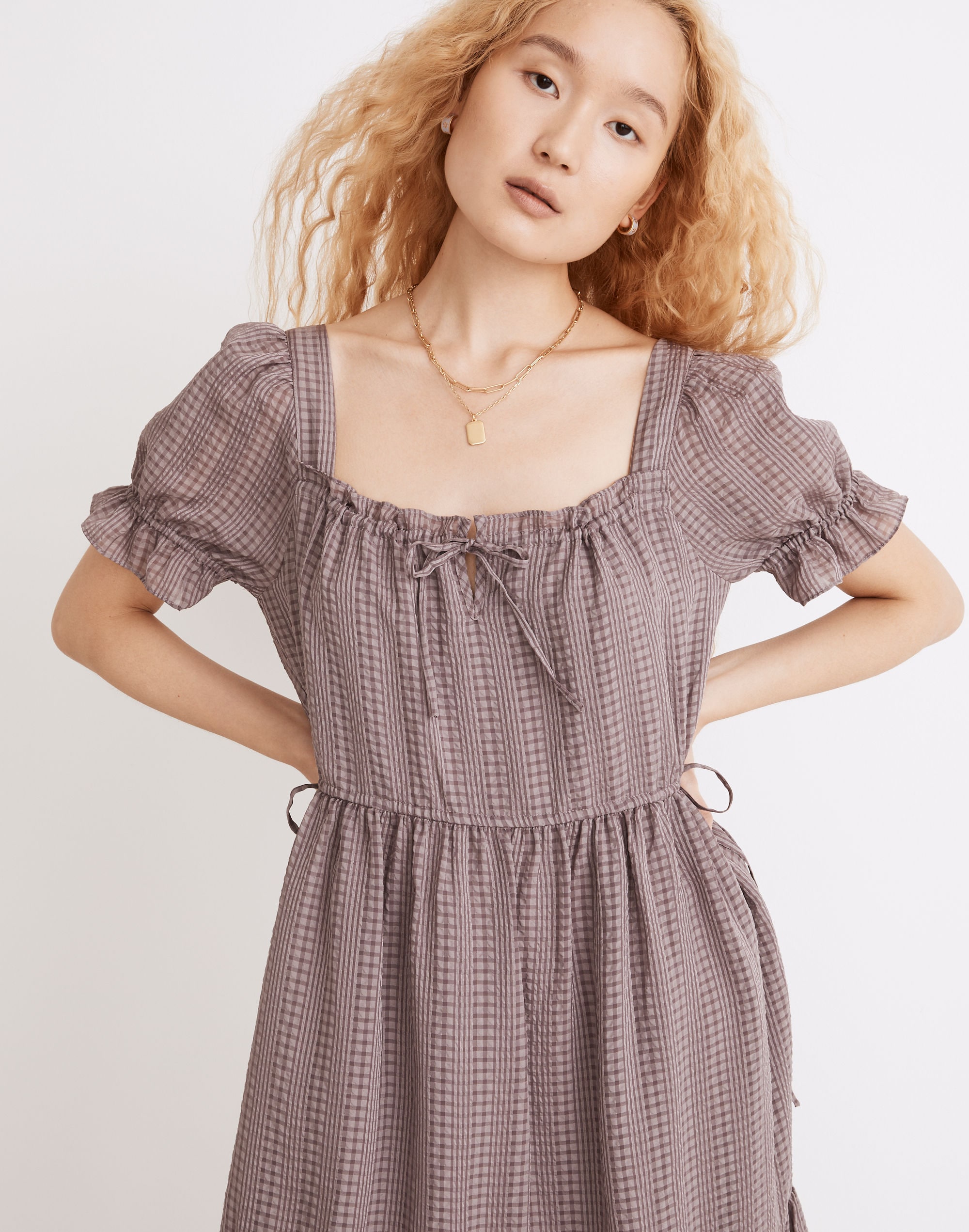 Square-Neck Tiered Midi Dress in Textured Seersucker