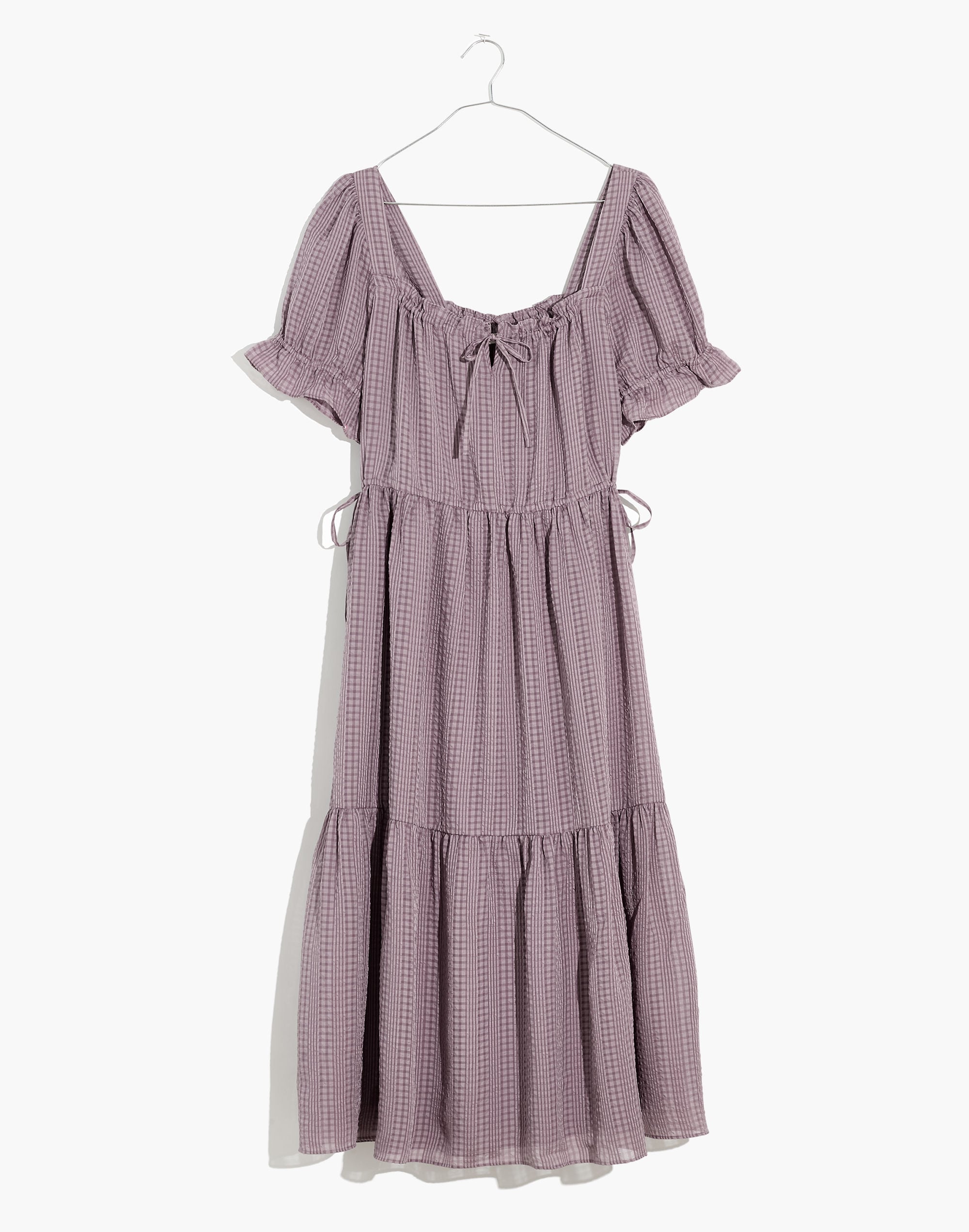 Square-Neck Tiered Midi Dress in Textured Seersucker