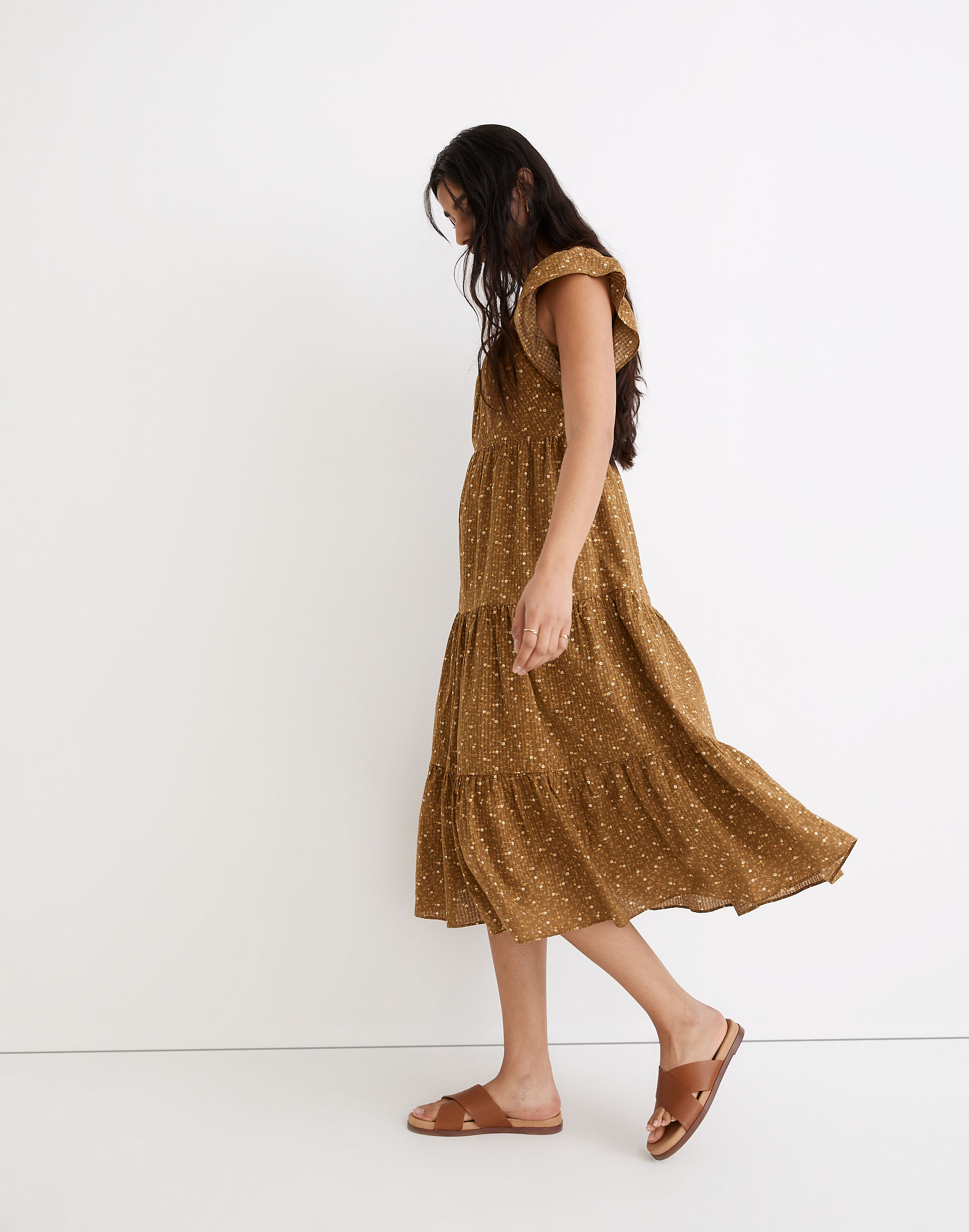 Ruffle-Sleeve Tiered Midi Dress Daisy Stitch | Madewell