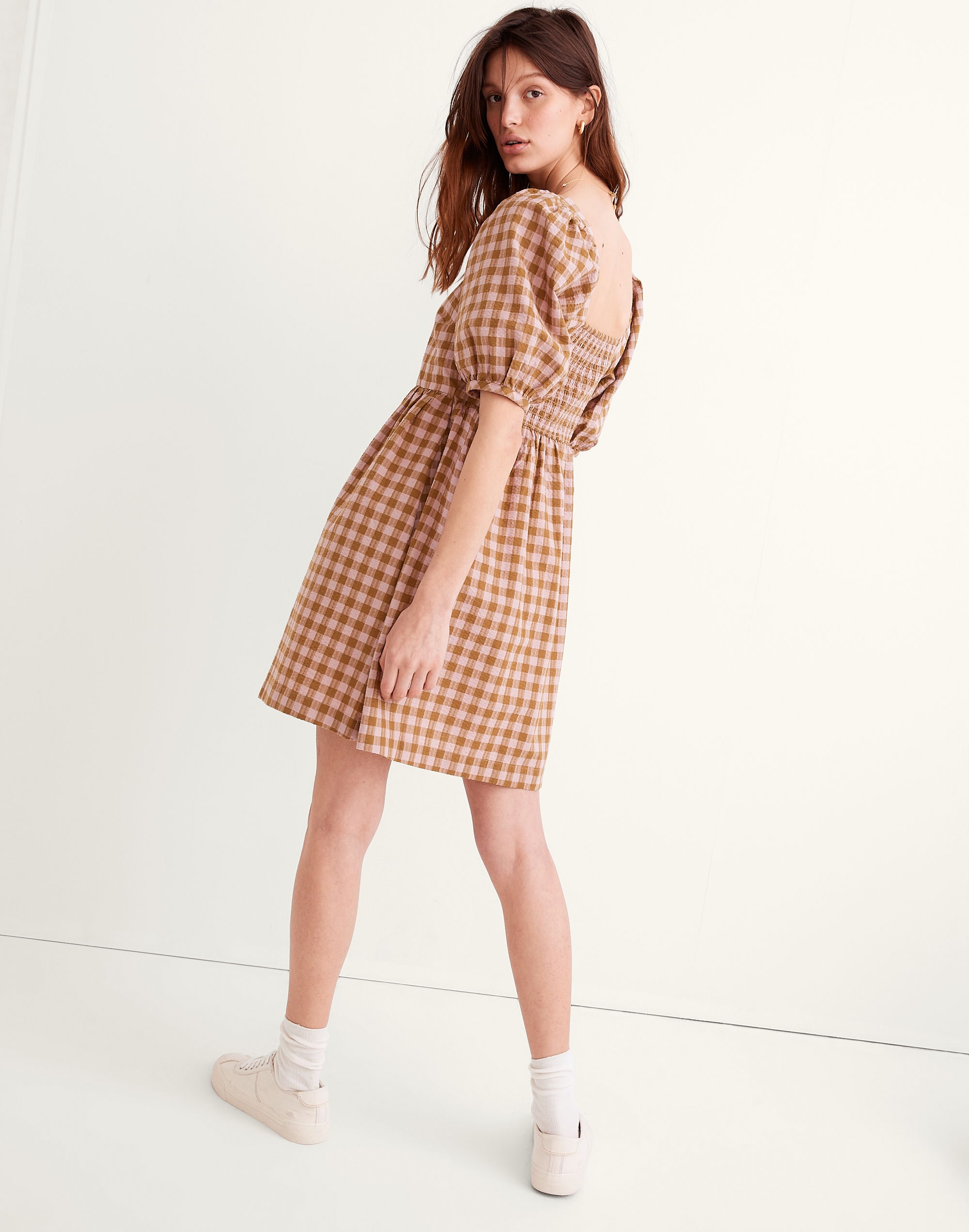 Square-Neck Puff-Sleeve Dress in Gingham Seersucker | Madewell