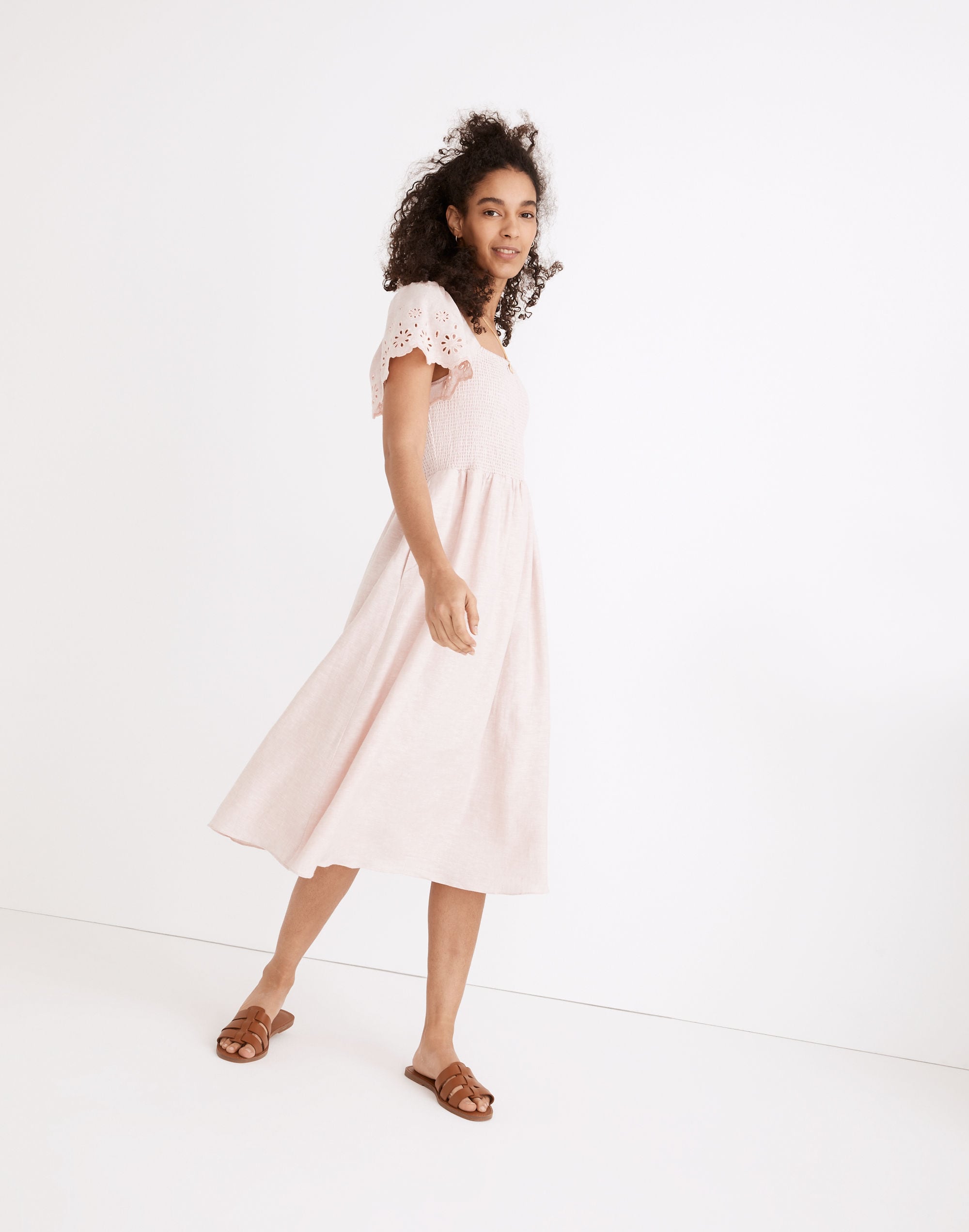 Linen-Blend Eyelet-Sleeve Lucie Smocked Midi Dress | Madewell