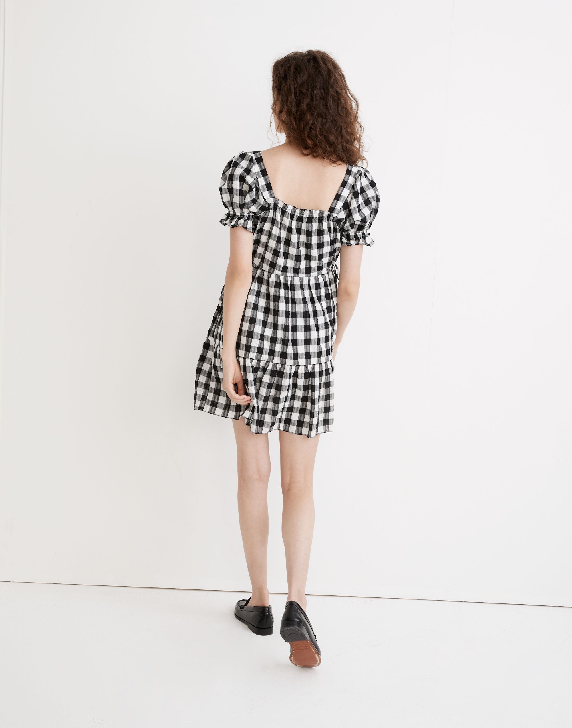 Square-Neck Tiered Mini Dress in Gingham Seersucker