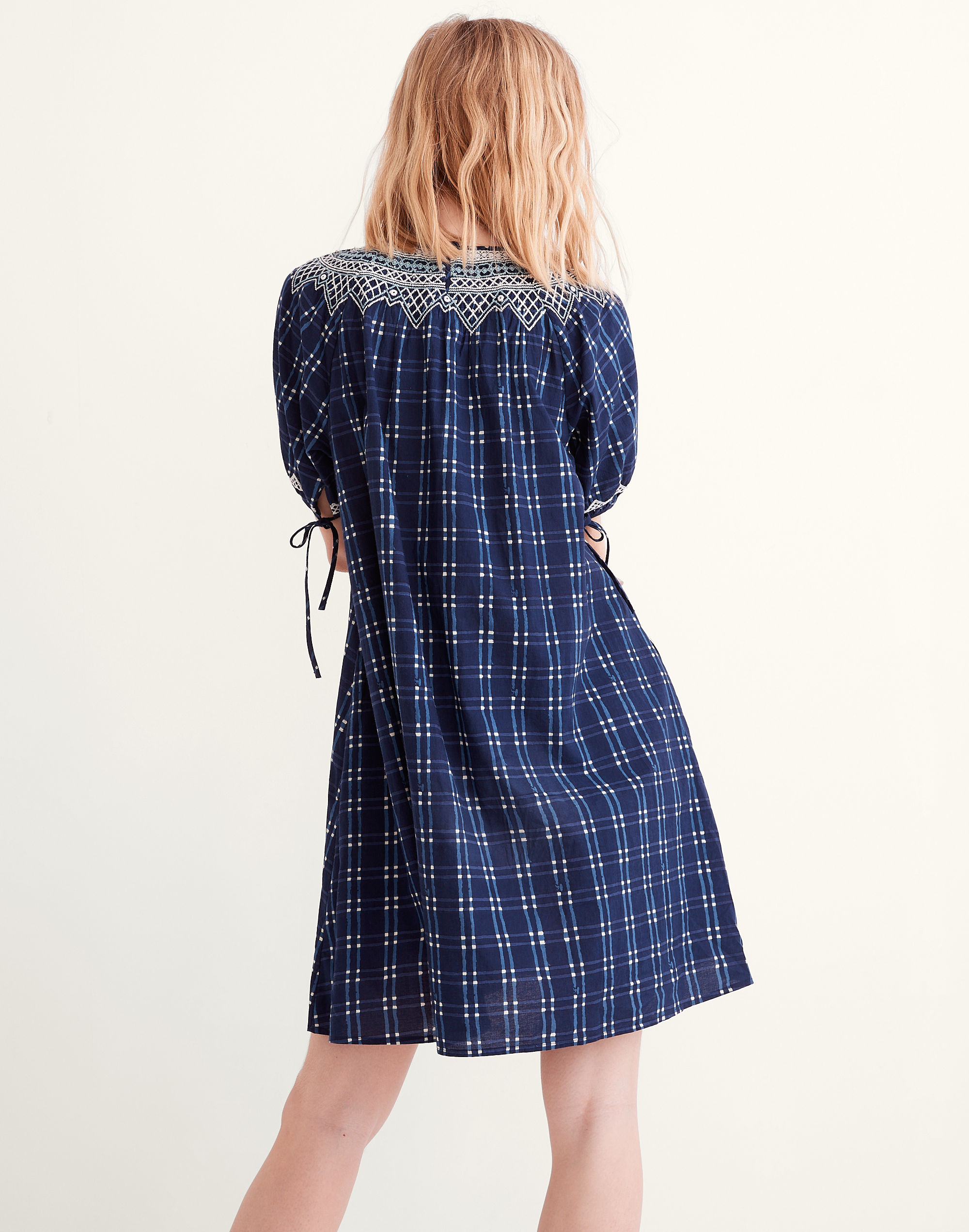 Embroidered Puff-Sleeve Babydoll Dress Indigo Plaid | Madewell