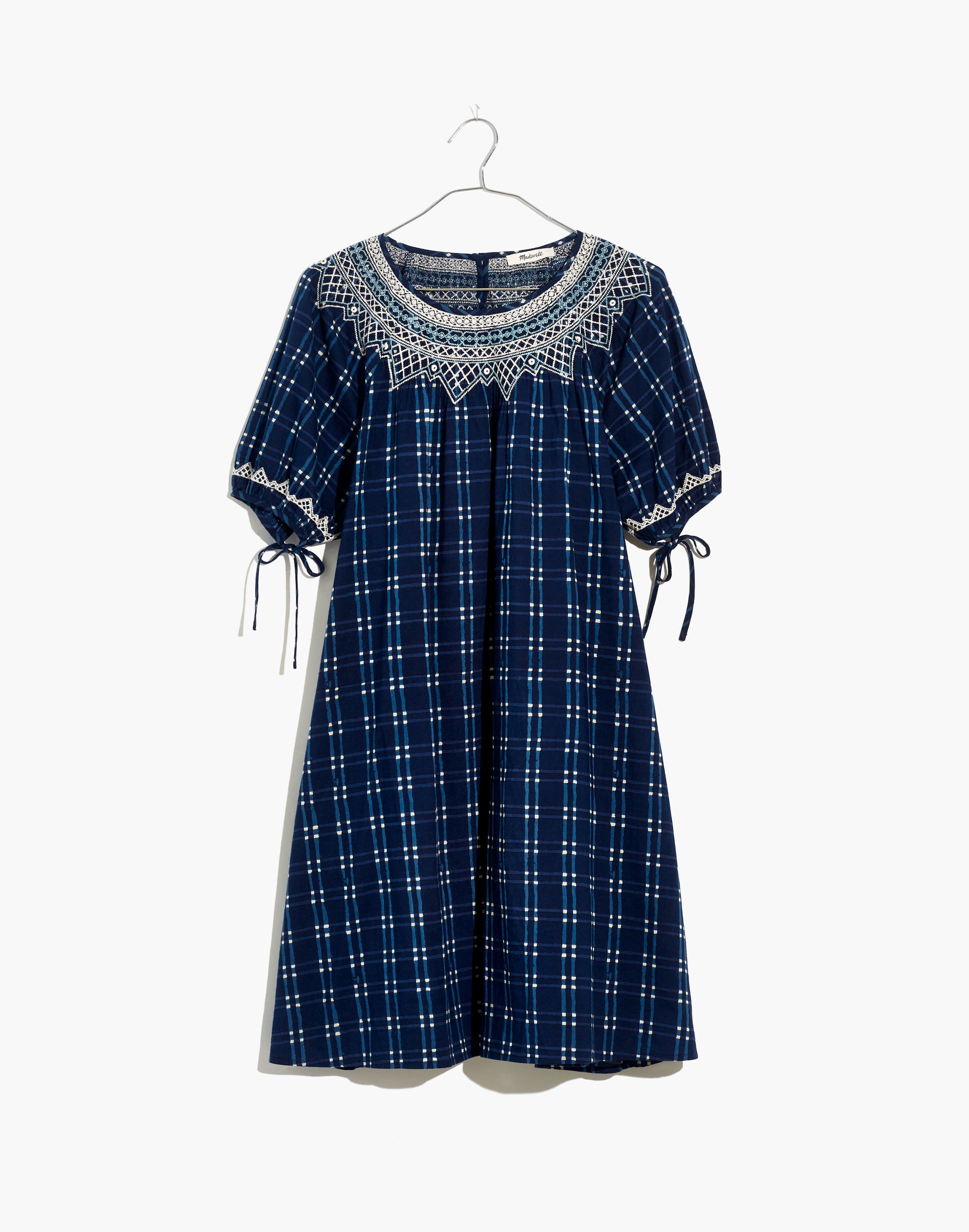 Embroidered Puff-Sleeve Babydoll Dress Indigo Plaid | Madewell