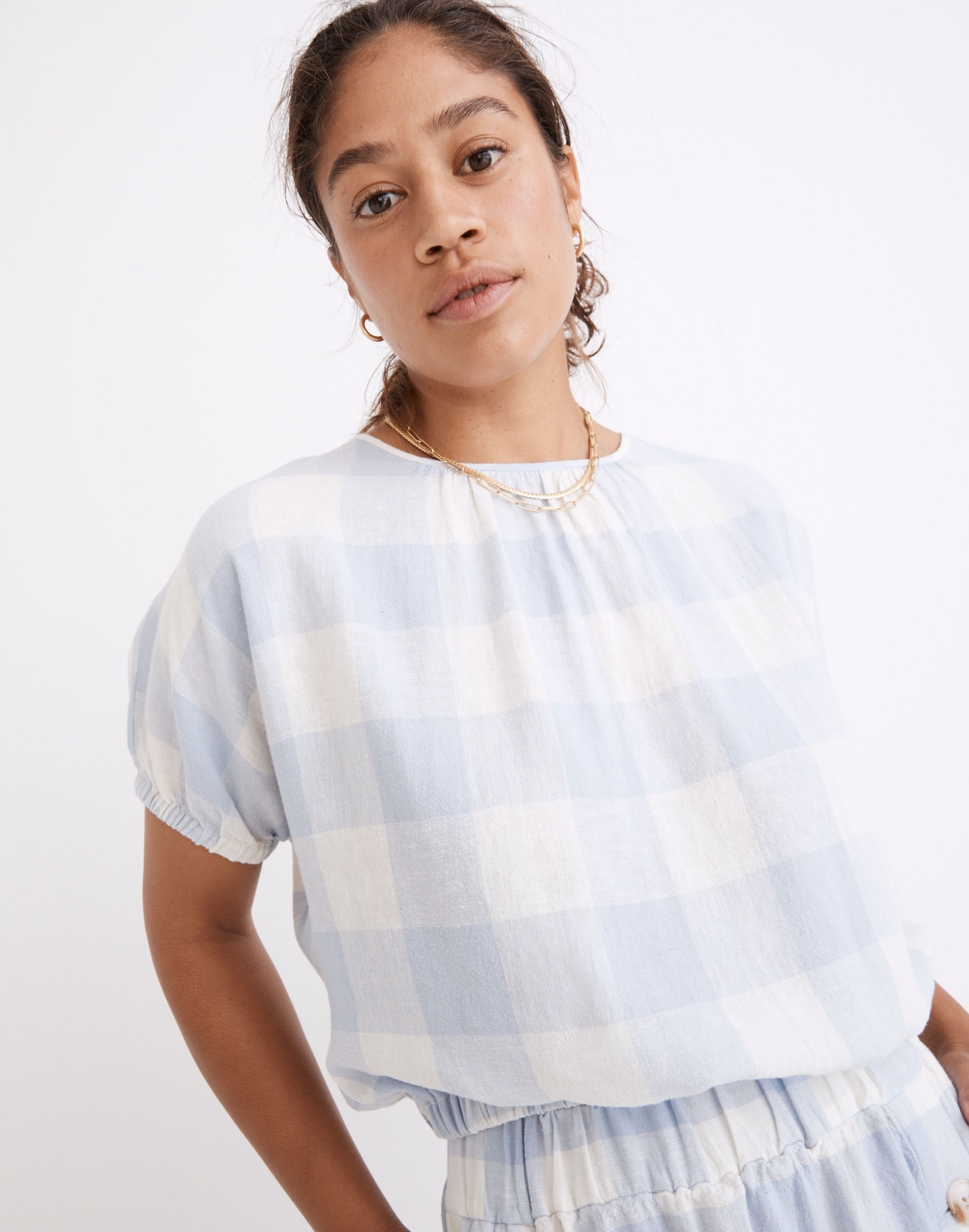 Linen-Blend Michele Bubble Top in Gingham Check