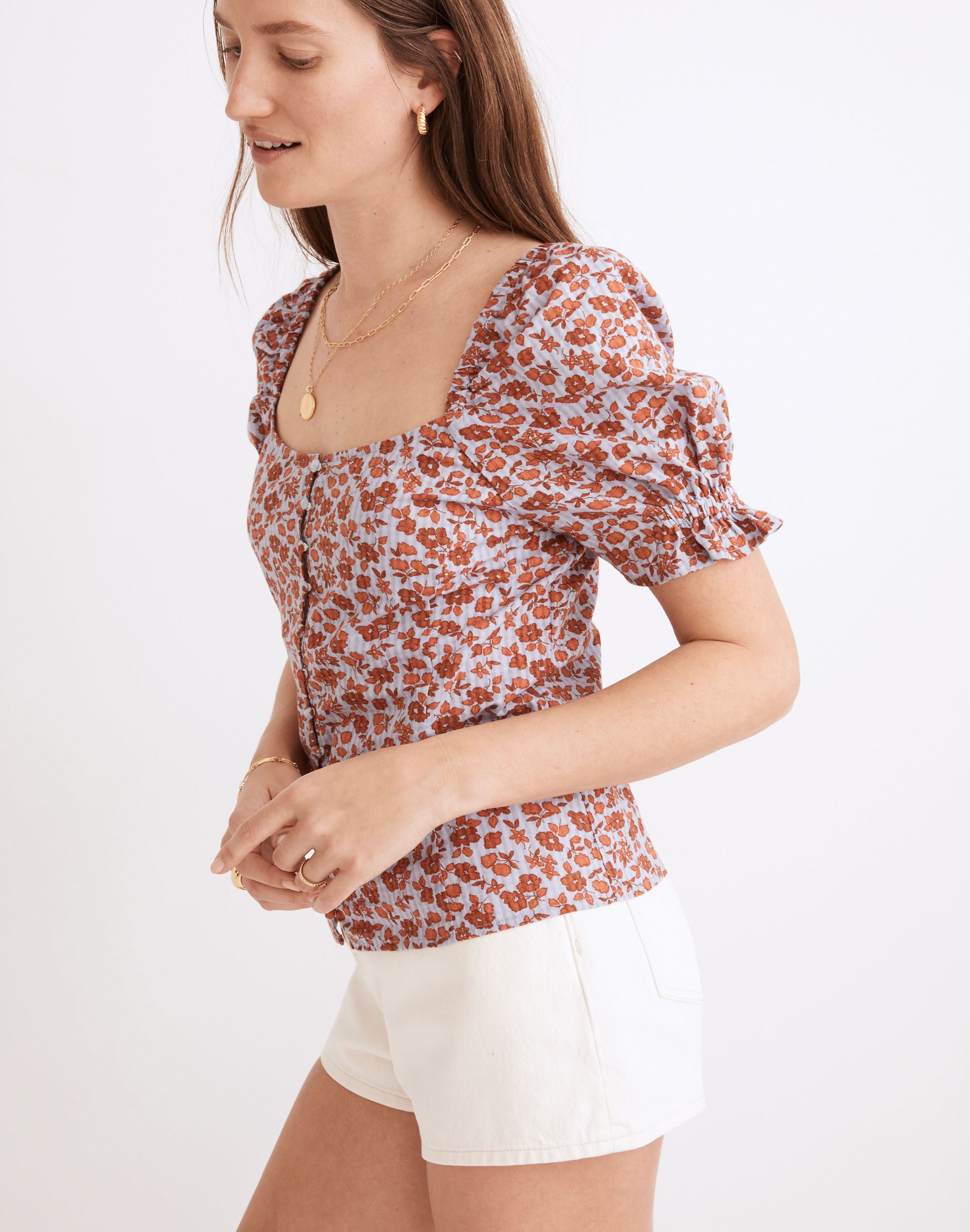 Button-Front Smocked-Back Top Piccola Floral | Madewell