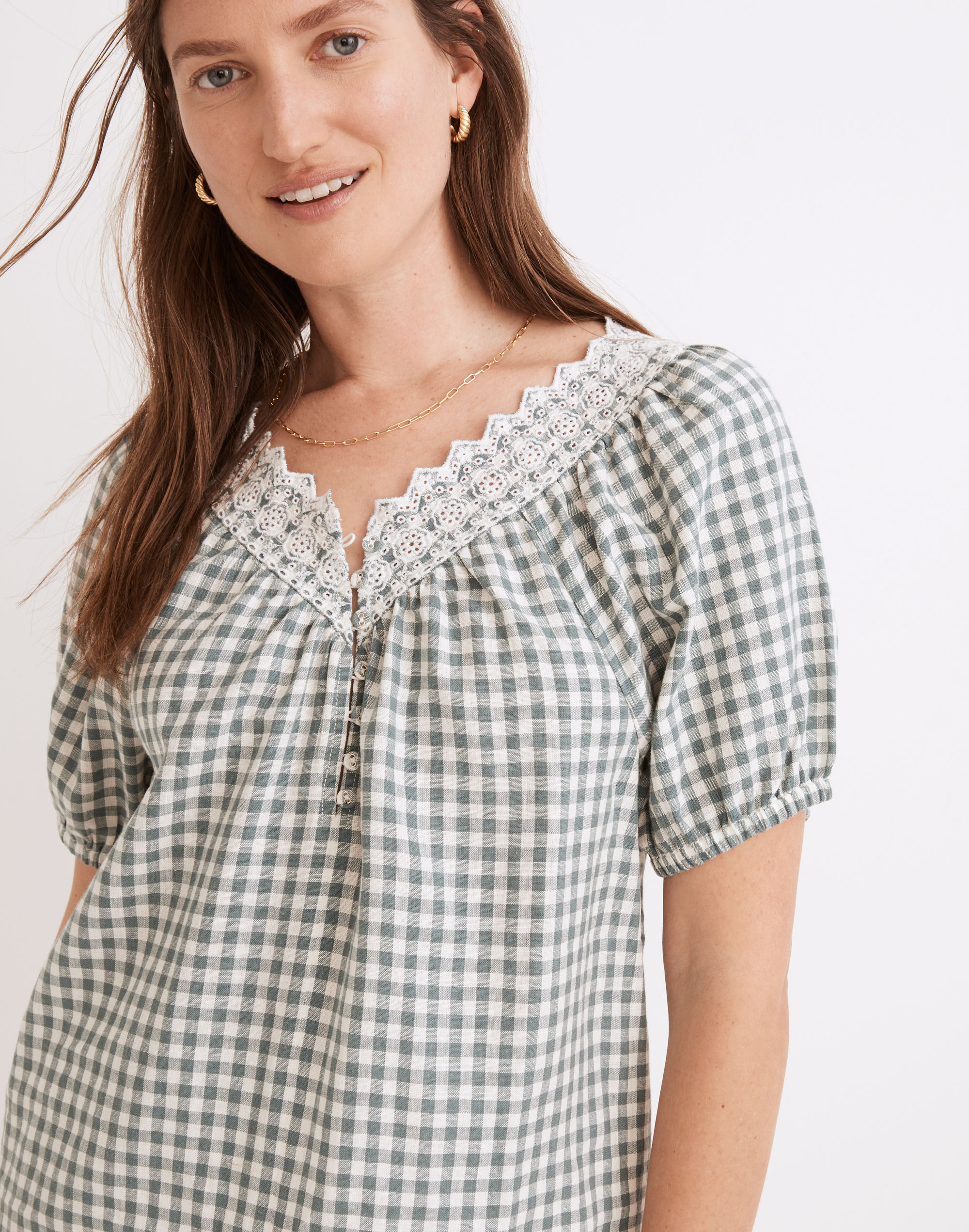 Embroidered Linen-Blend Swing Top in Gingham Check | Madewell