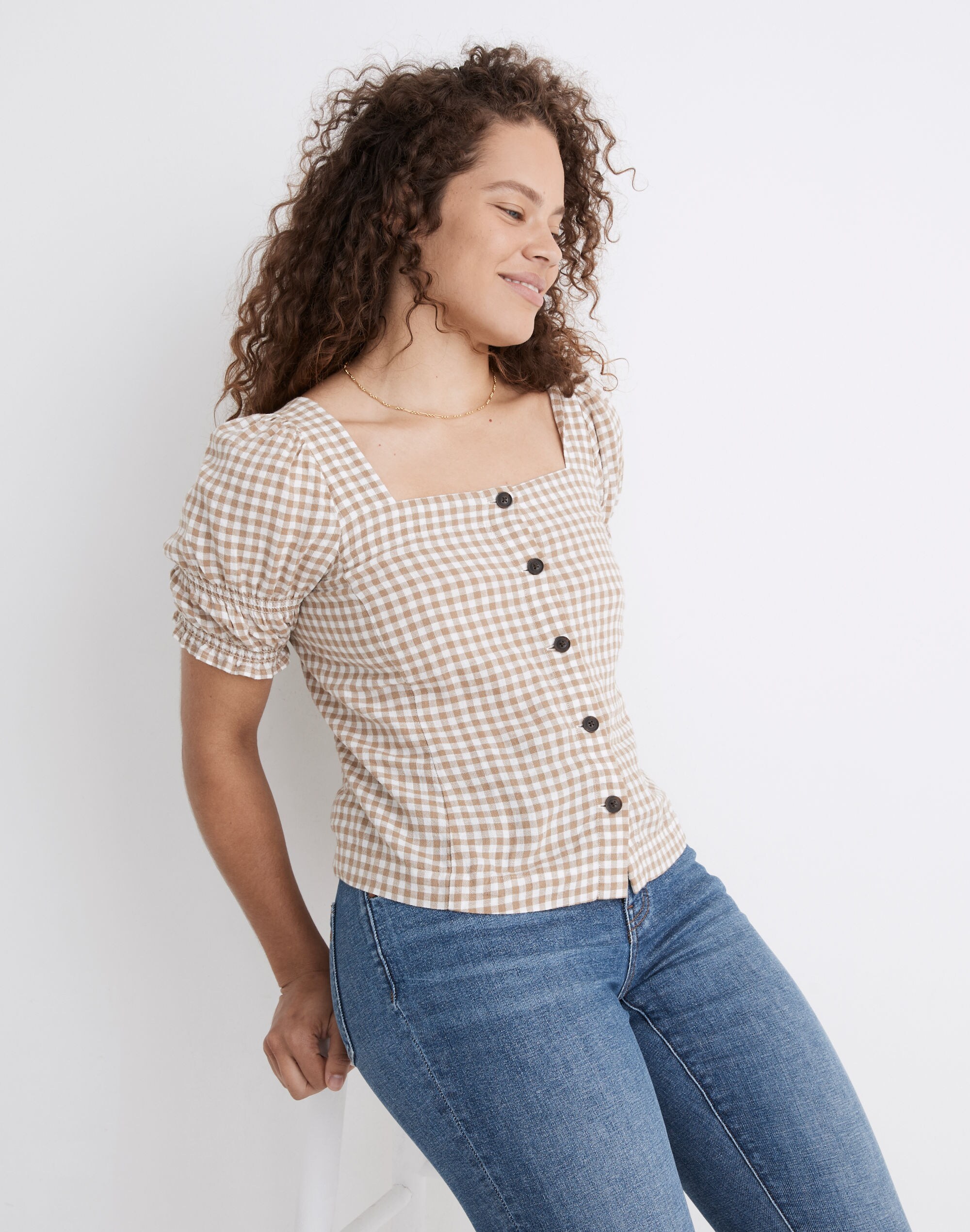 Linen-Cotton Square-Neck Button-Front Top in Gingham Check