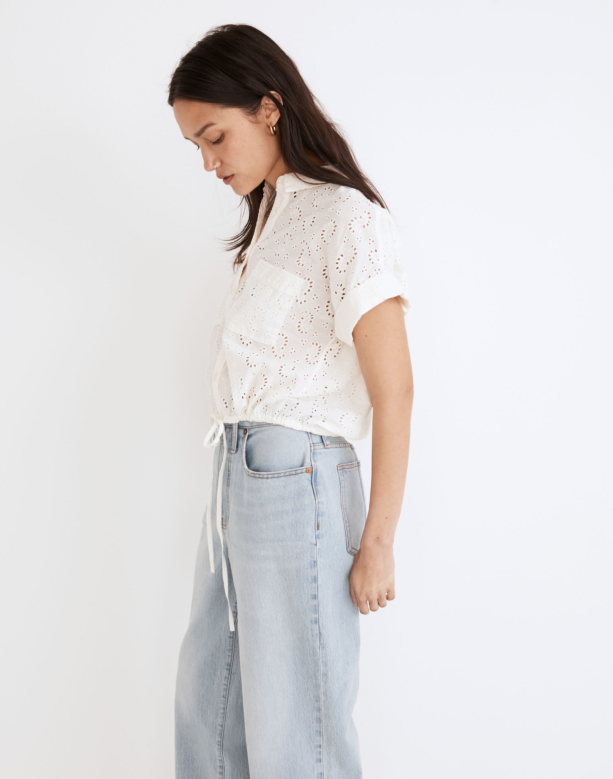 Cotton Button Front Shirt - Swirling Eyelet