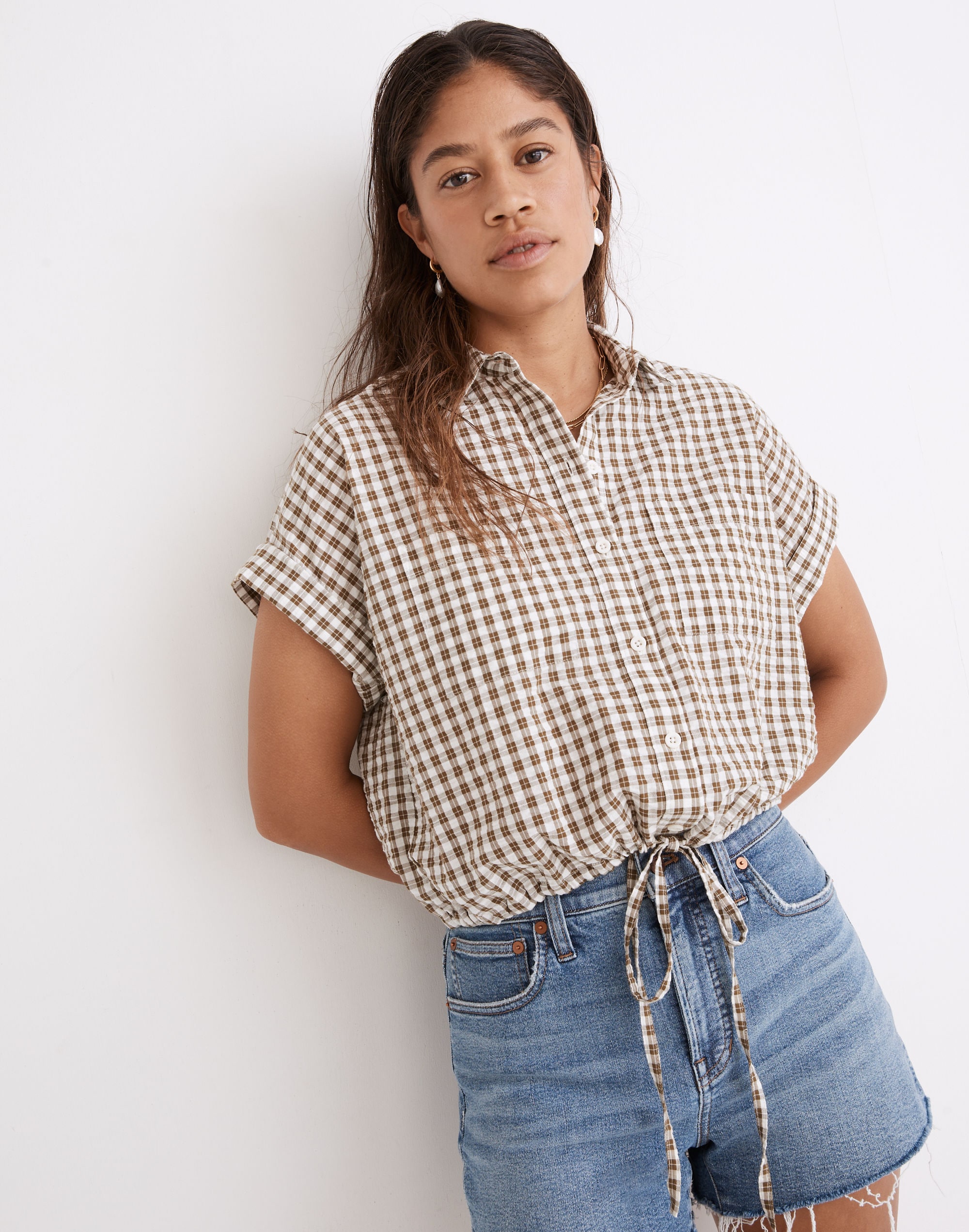 Seersucker Button-Up Drawstring Shirt Plaid | Madewell