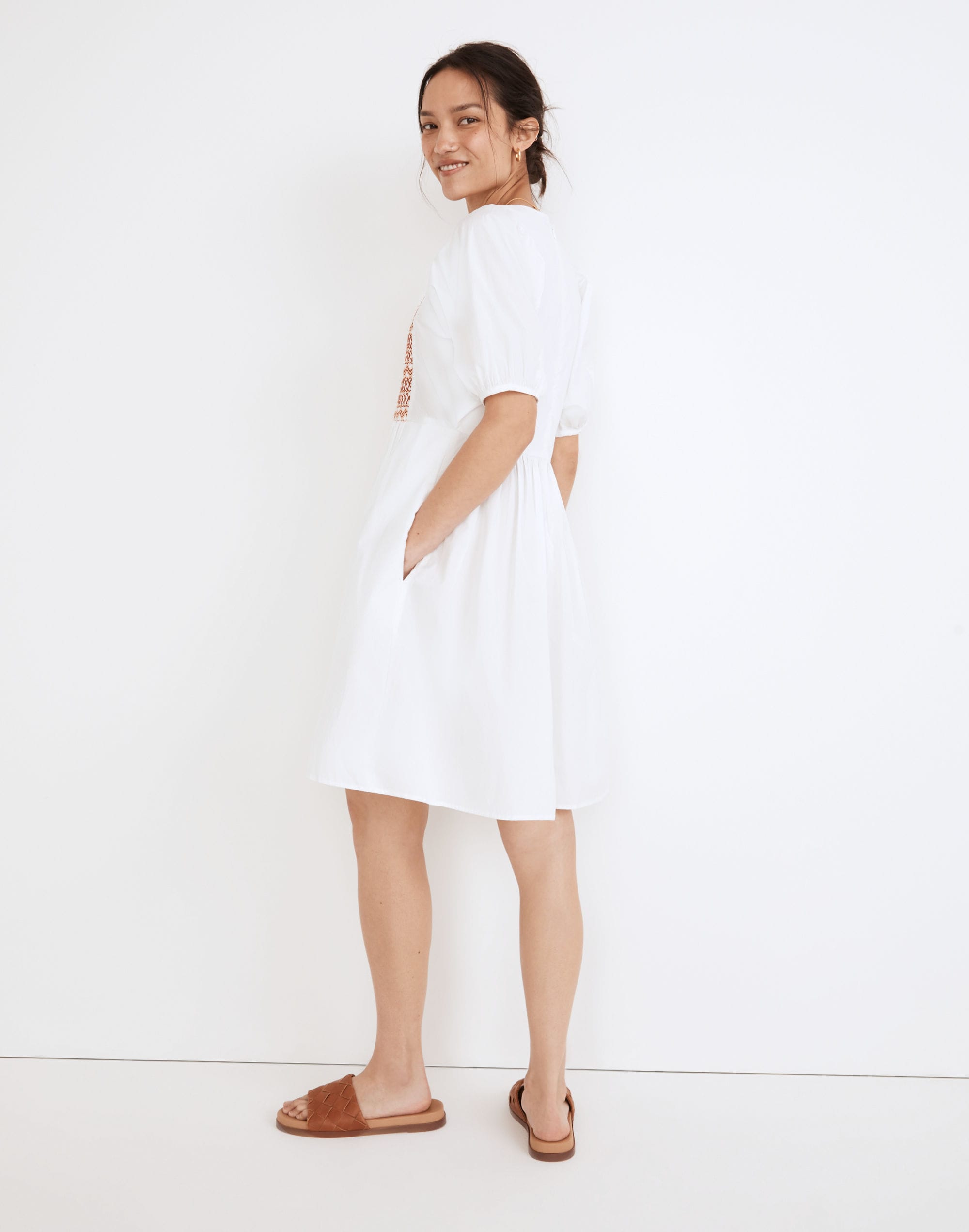 Embroidered Poplin V-Neck Mini Dress