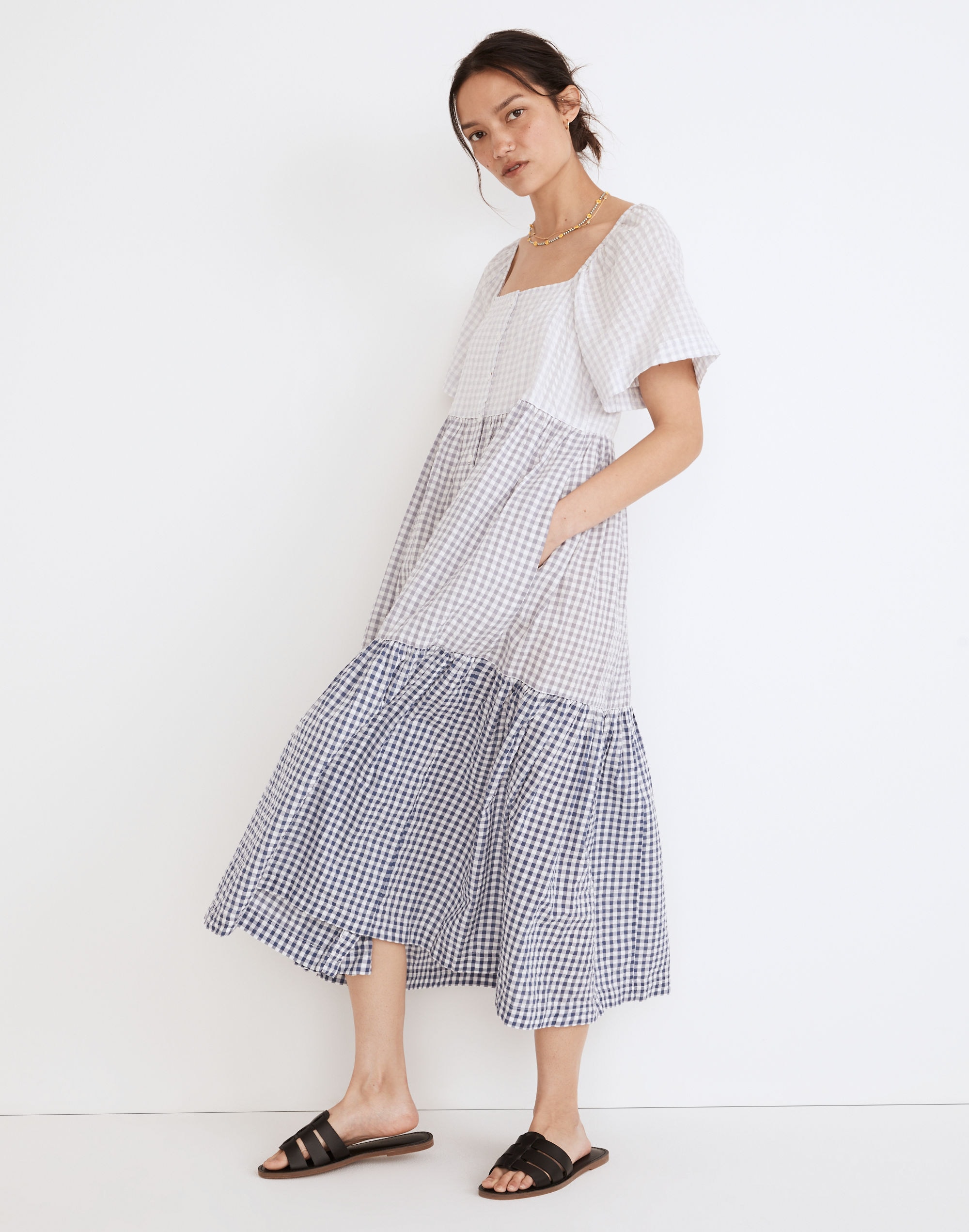 Patchwork Gingham Button-Front Tiered Midi Dress | Madewell