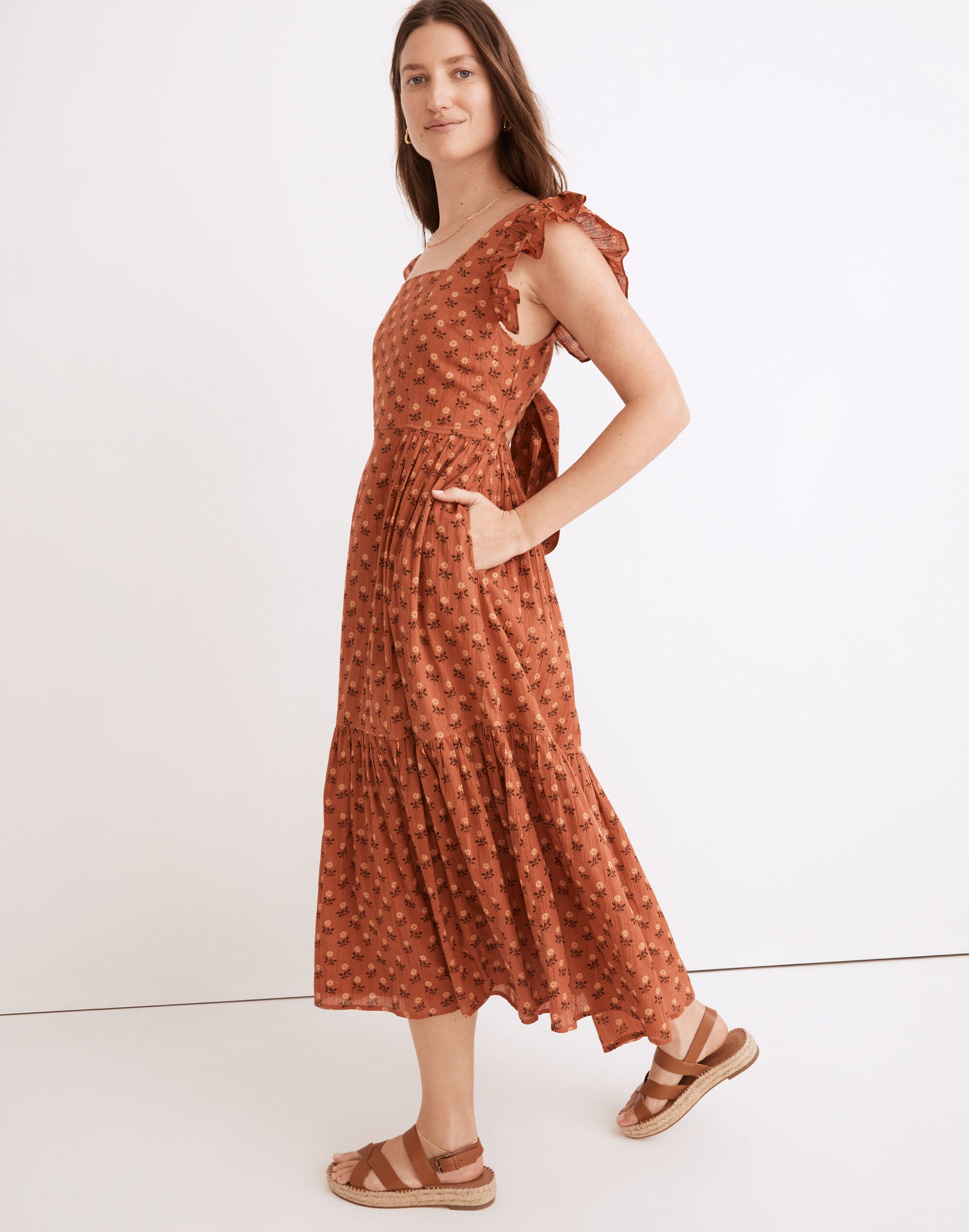 Petite Ruffle-Strap Tiered Midi Dress in Wild Calendula Block-Print