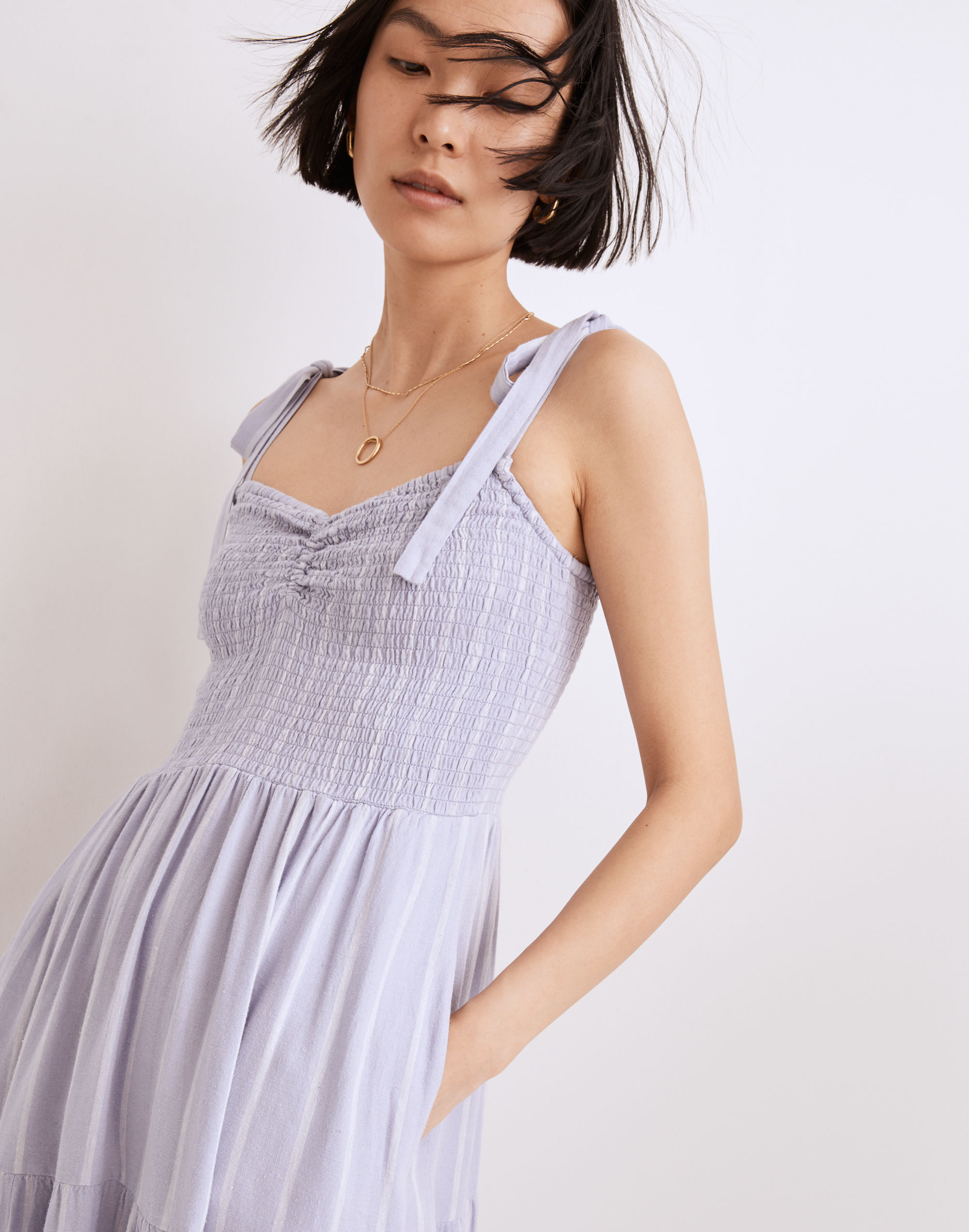 Linen-Blend Lucie Tie-Strap Tiered Midi Dress in Stripe