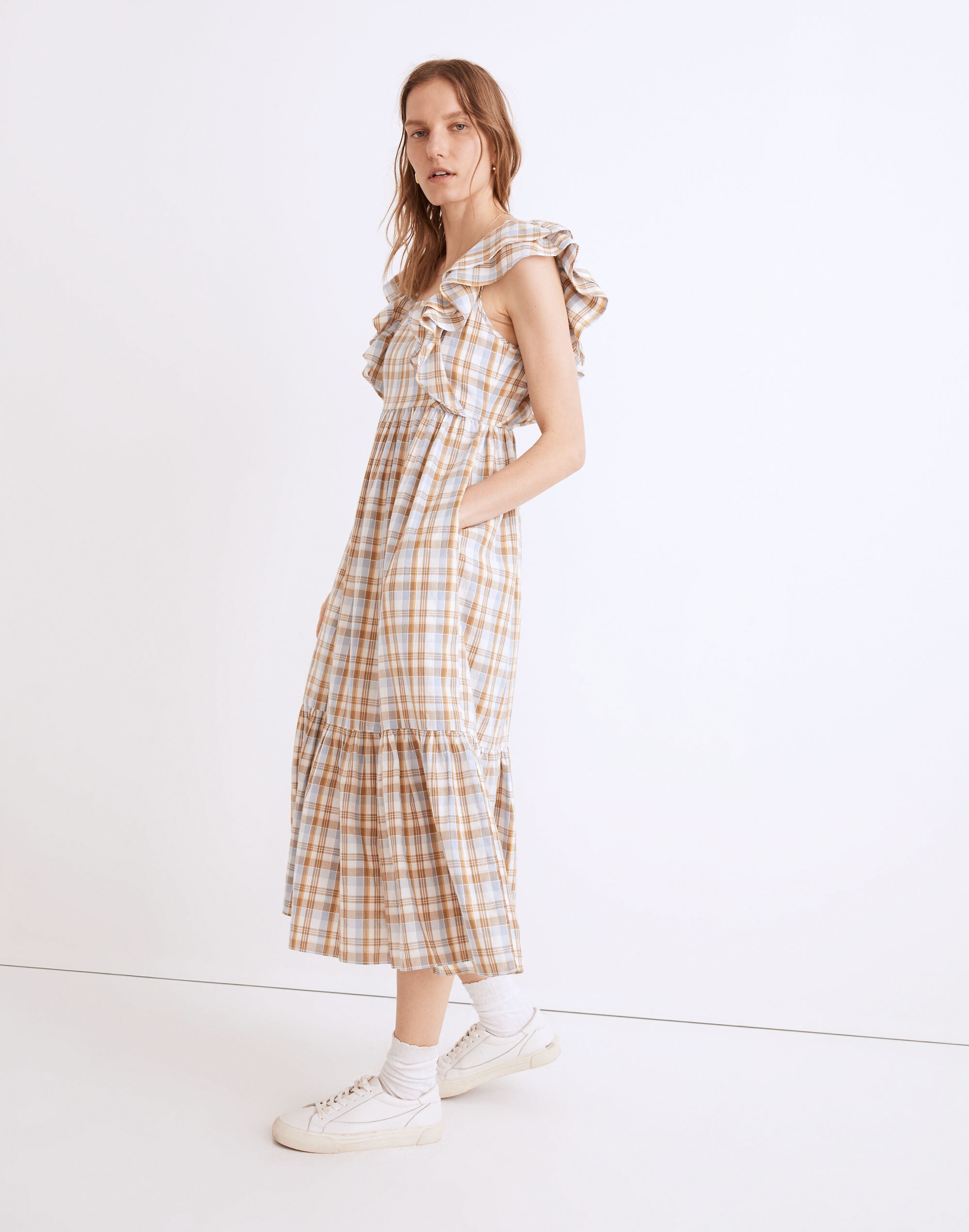 Ruffle-Sleeve Tiered Midi Dress Plaid | Madewell