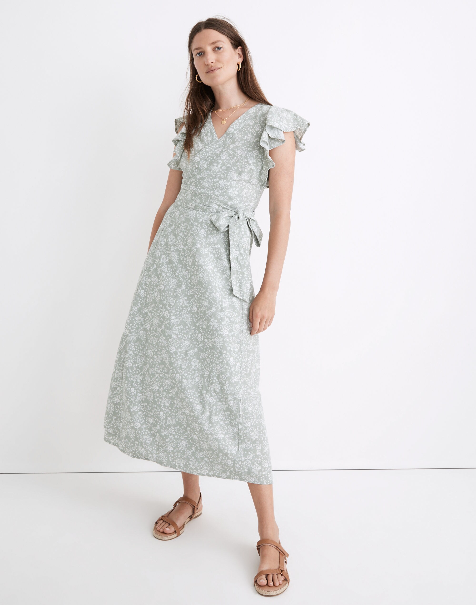 Linen-Blend Ruffle-Sleeve Wrap Midi Dress in Piazza Floral