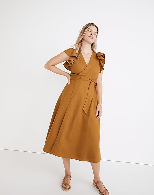 Women's Linen Button Down Ruffle Tank Midi Dress