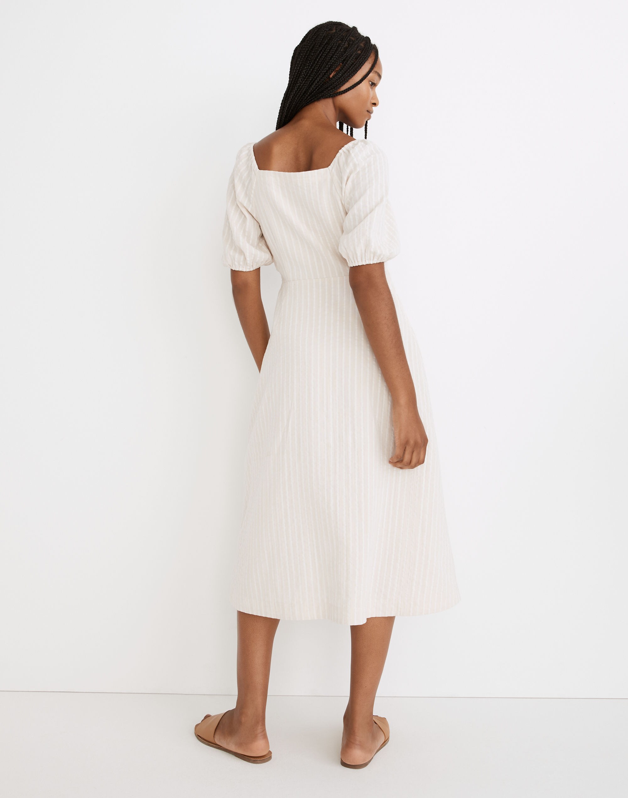 Puff-Sleeve Button-Wrap Midi Dress in Undyed Stripe | Madewell