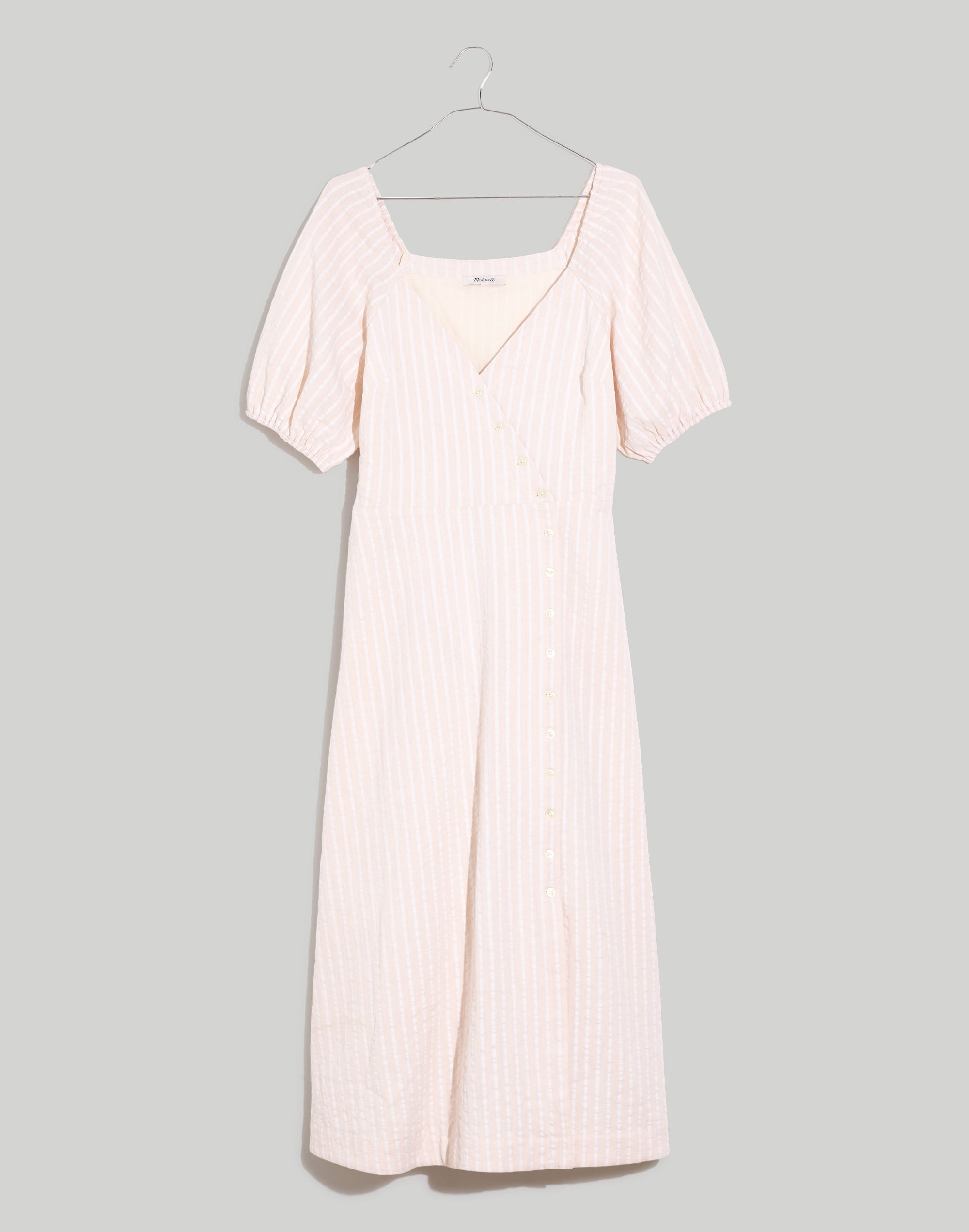 Puff-Sleeve Button-Wrap Midi Dress in Undyed Stripe | Madewell