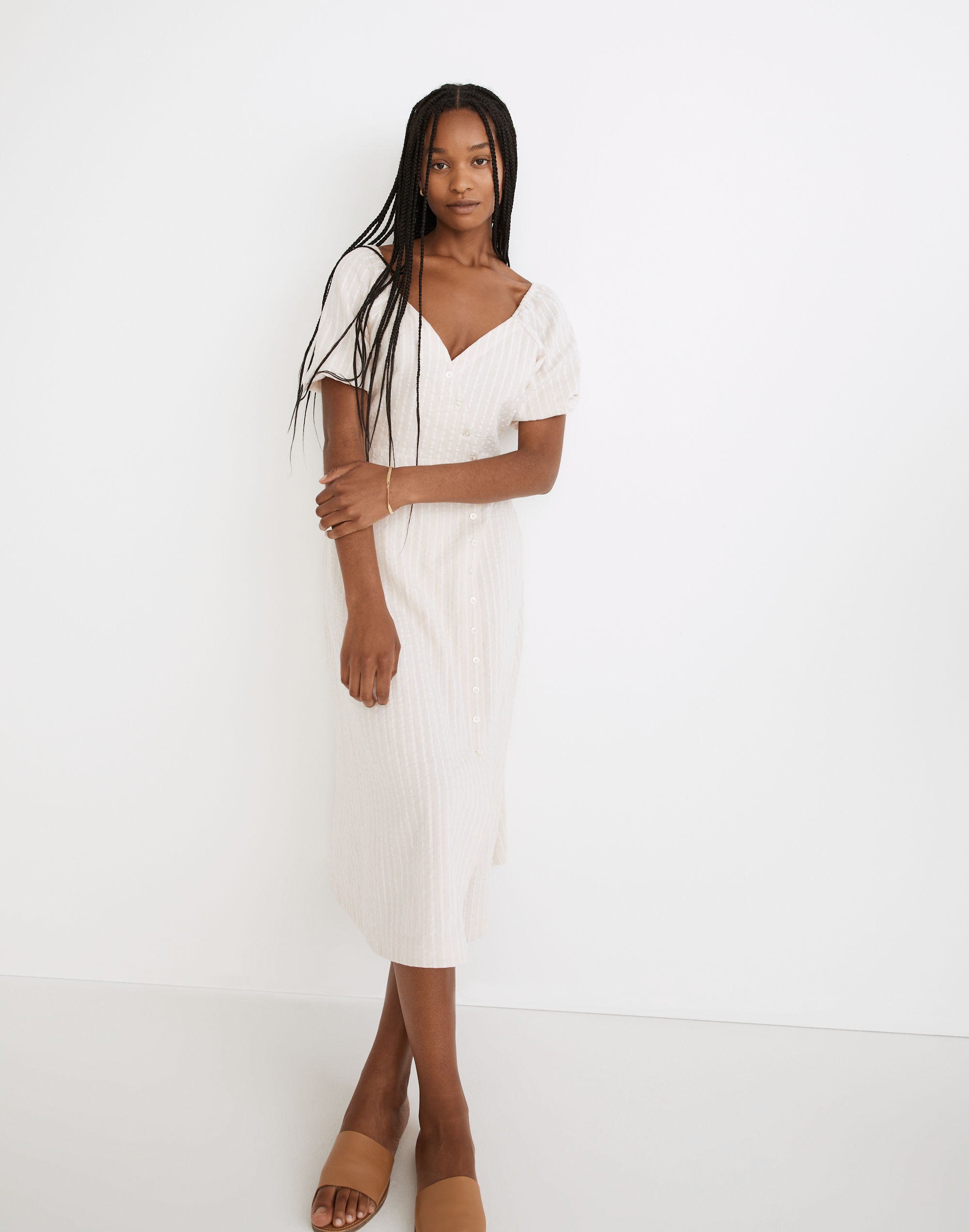 Puff-Sleeve Button-Wrap Midi Dress in Undyed Stripe | Madewell