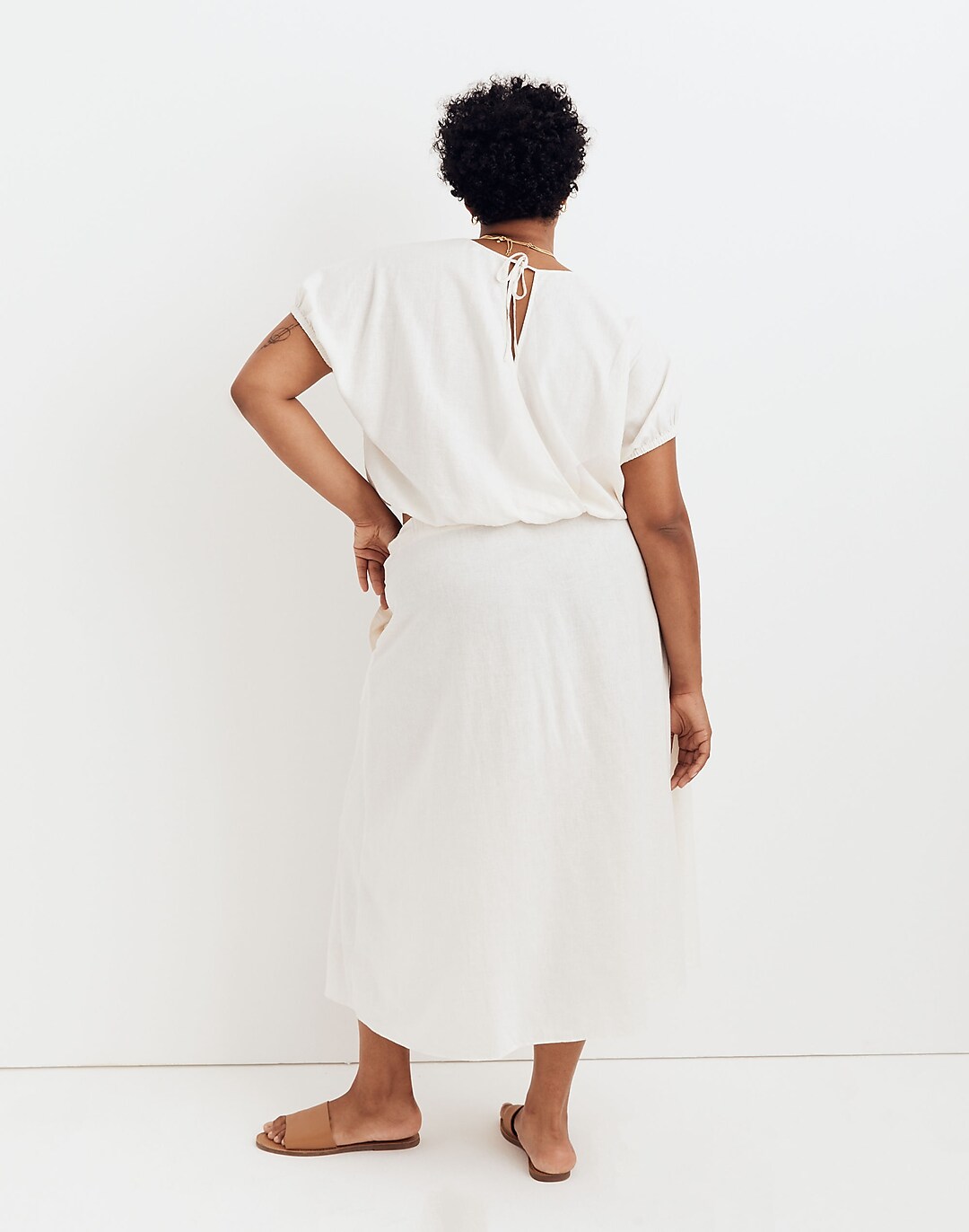 Side-Button Linen-Blend Midi Skirt