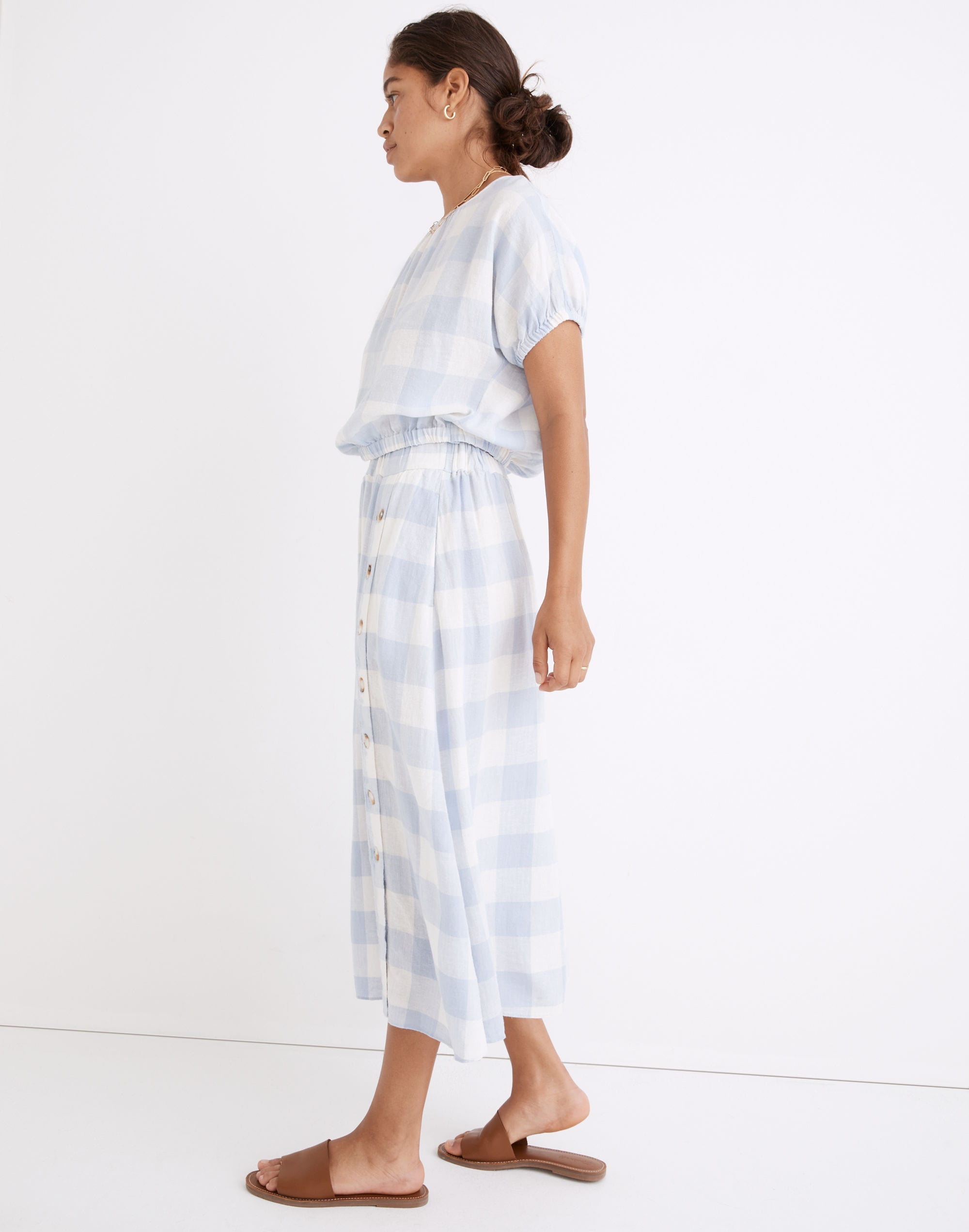 Linen-Blend Side-Button Midi Skirt in Gingham Check | Madewell