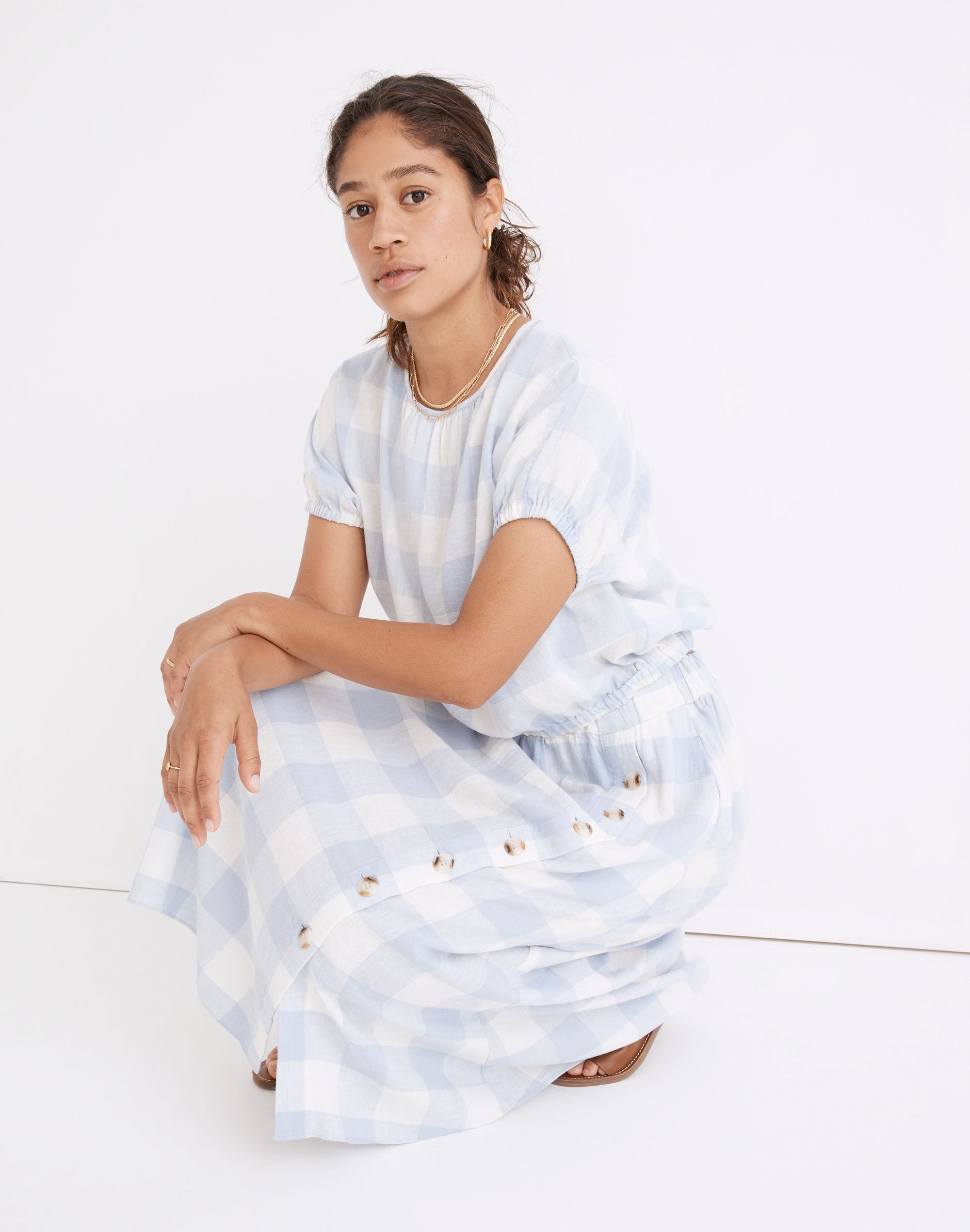 Linen-Blend Side-Button Midi Skirt Gingham Check | Madewell