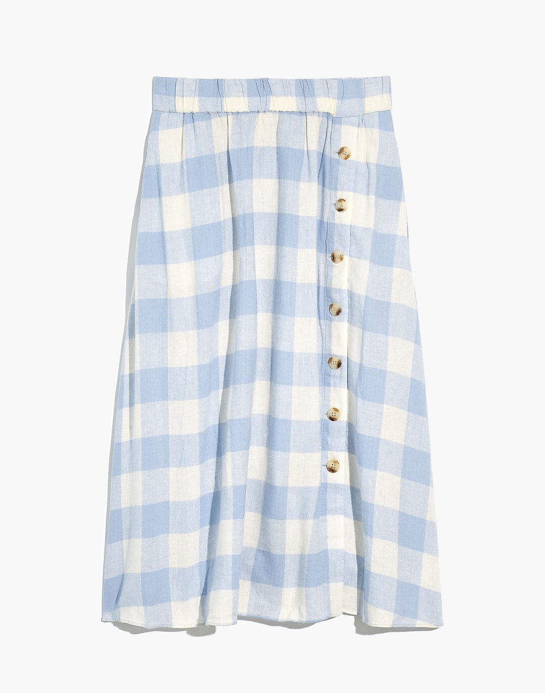 Linen-Blend Side-Button Midi Skirt in Gingham Check