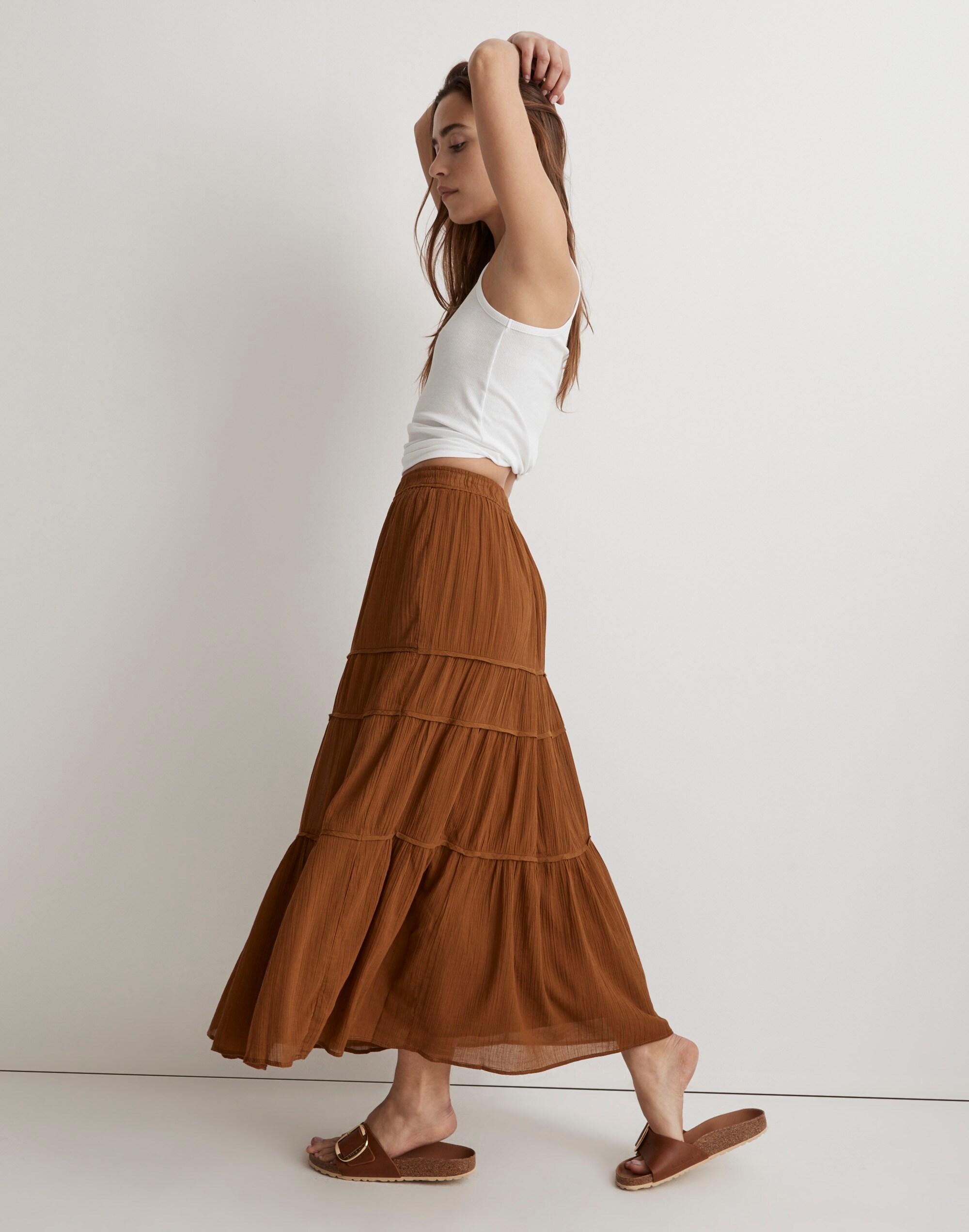 Crinkle Pull-On Tiered Maxi Skirt