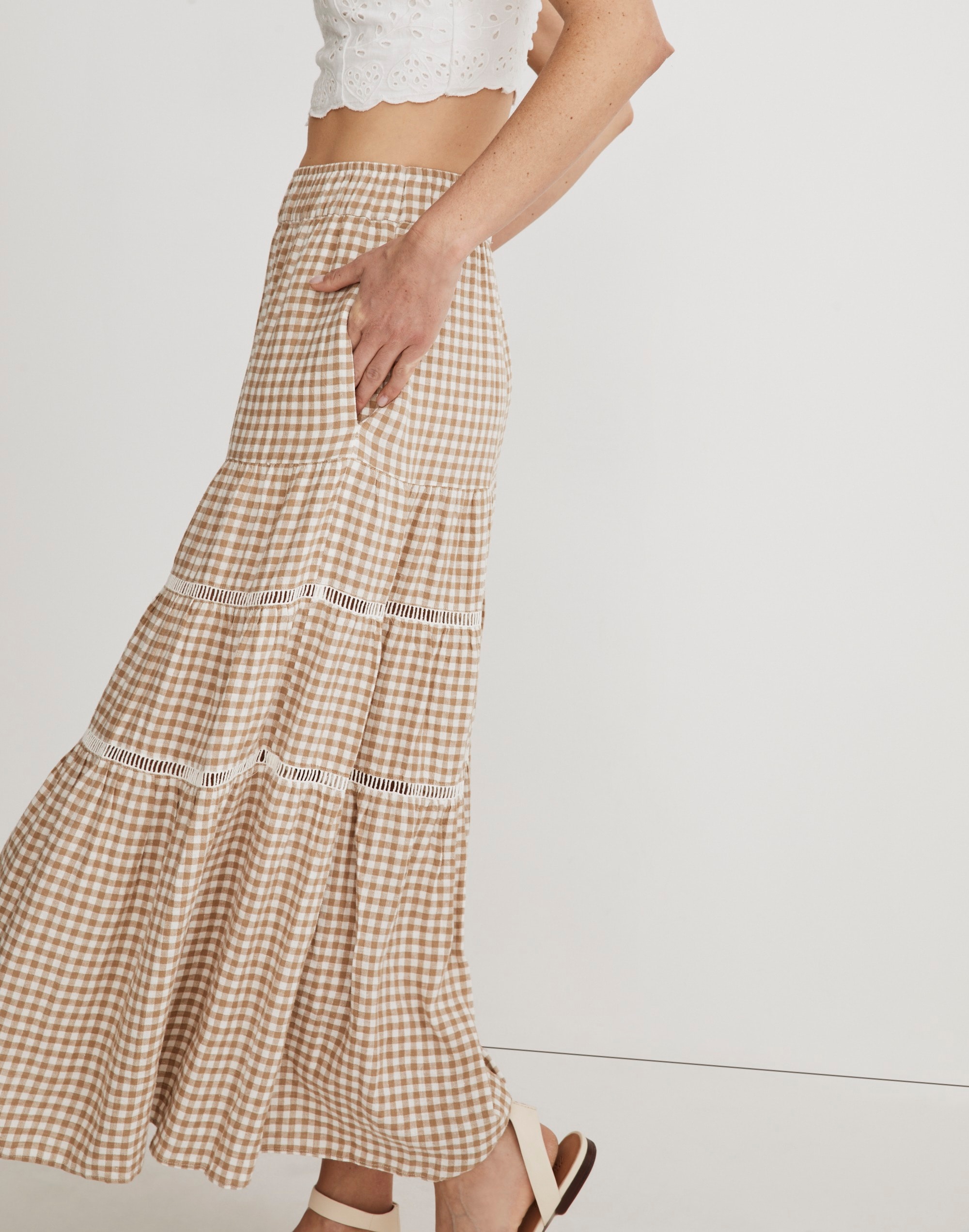 Linen-Blend Eyelet-Trim Tiered Maxi Skirt | Madewell