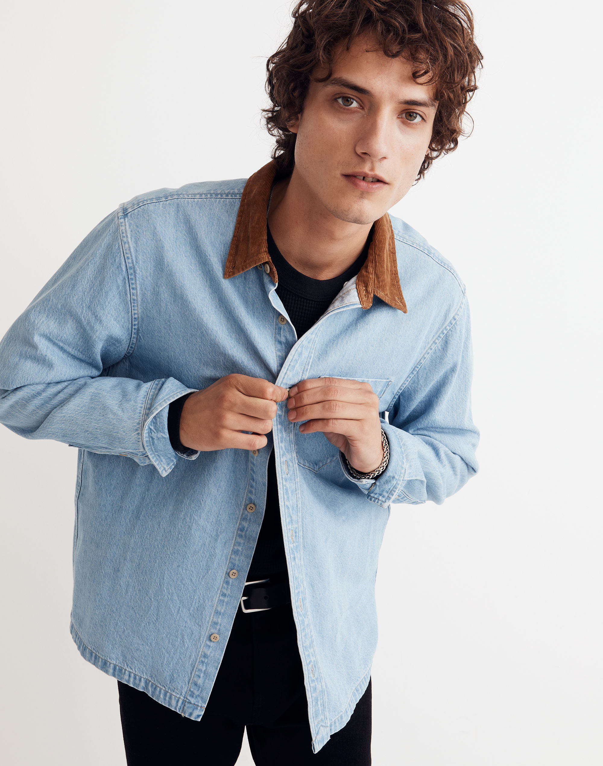 Corduroy-Collar Denim Easy Long-Sleeve Shirt