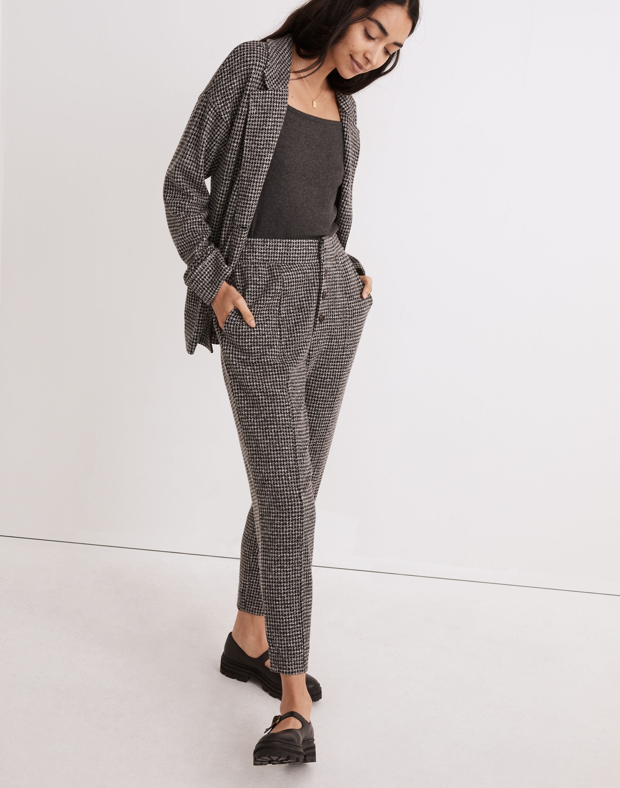 Knit Huston Button-Front Pants in Houndstooth Check