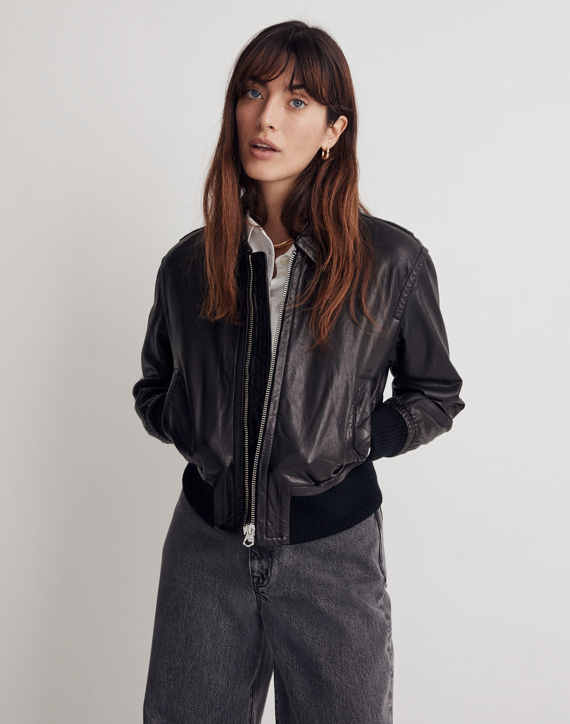 Cropped Leather Bomber Jacket For Women