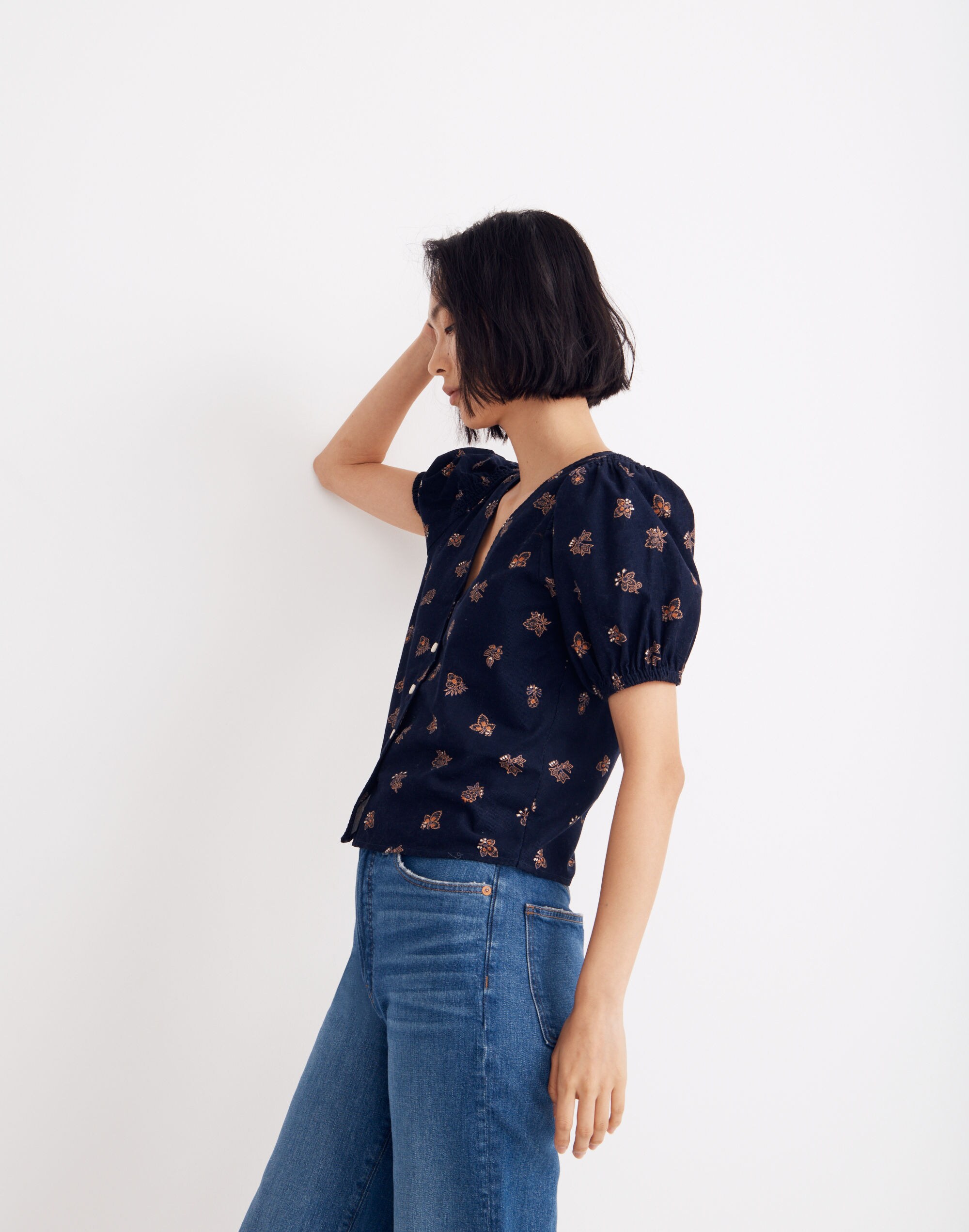 Corduroy Bubble-Sleeve Crop Shirt Britannica Blockprint | Madewell