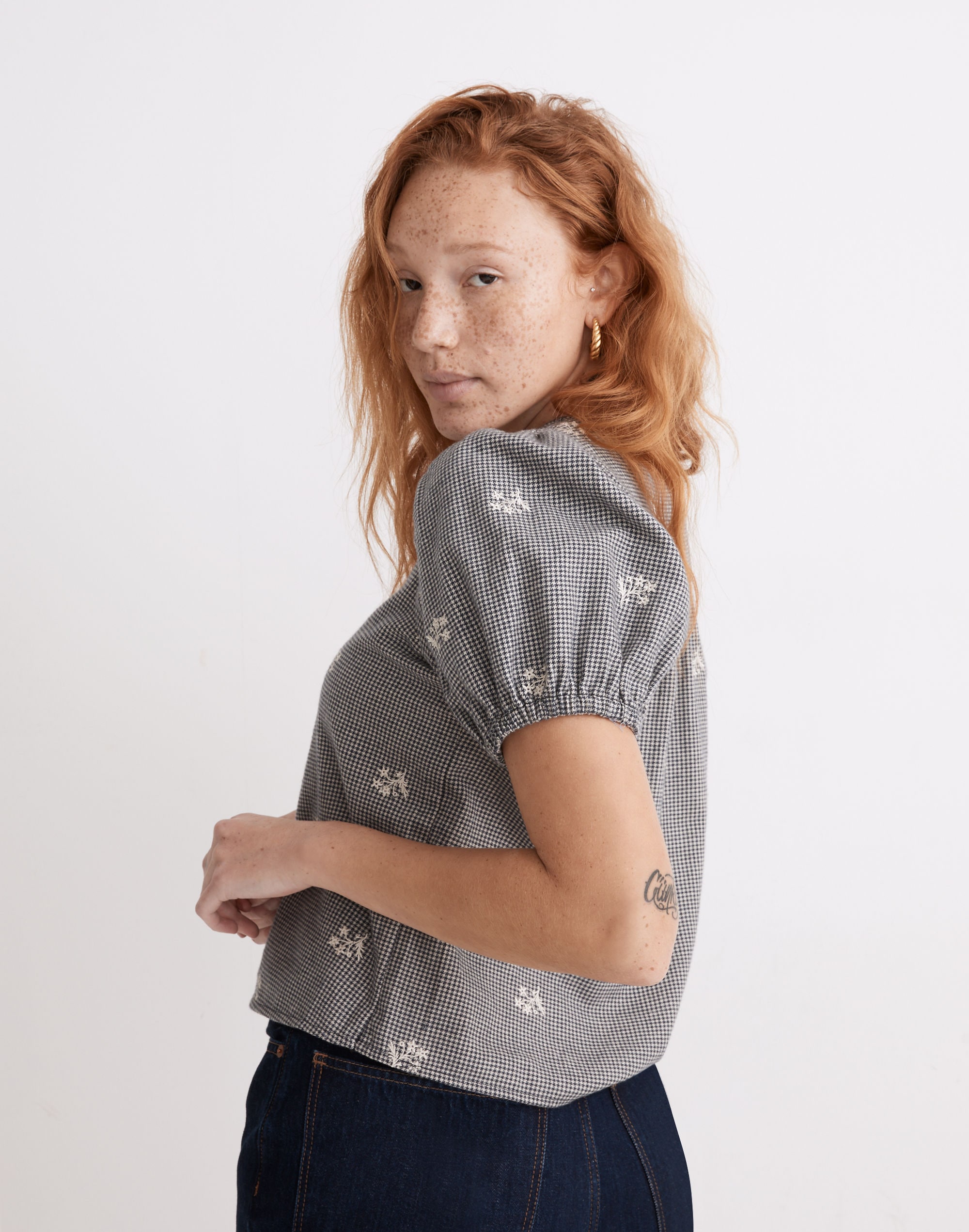 Embroidered Flannel Bubble-Sleeve Crop Shirt | Madewell