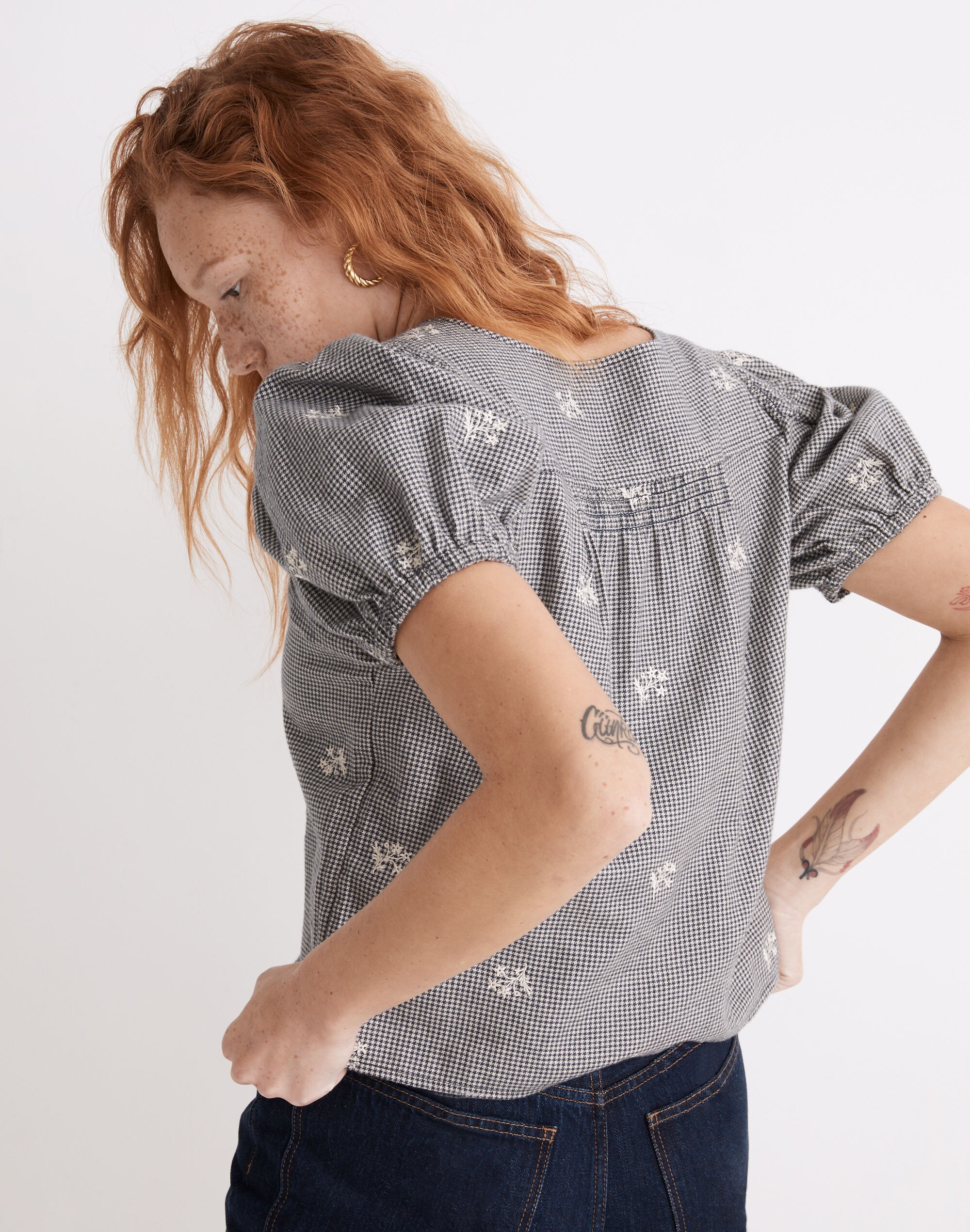 Embroidered Flannel Bubble-Sleeve Crop Shirt | Madewell