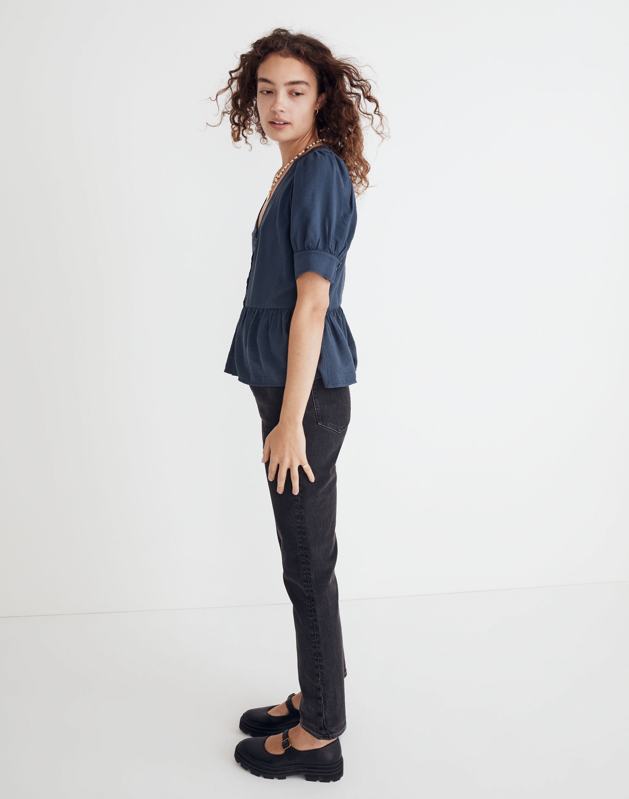 Drapeweave Puff-Sleeve Peplum Top | Madewell