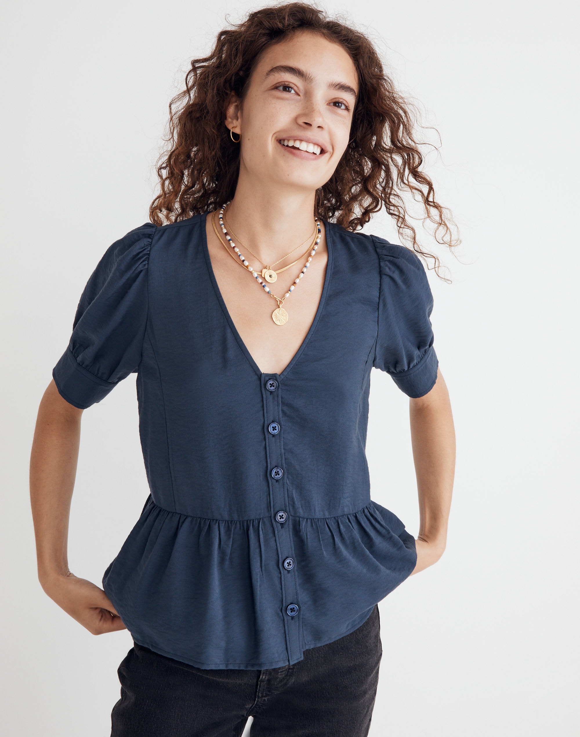 Drapeweave Puff-Sleeve Peplum Top | Madewell