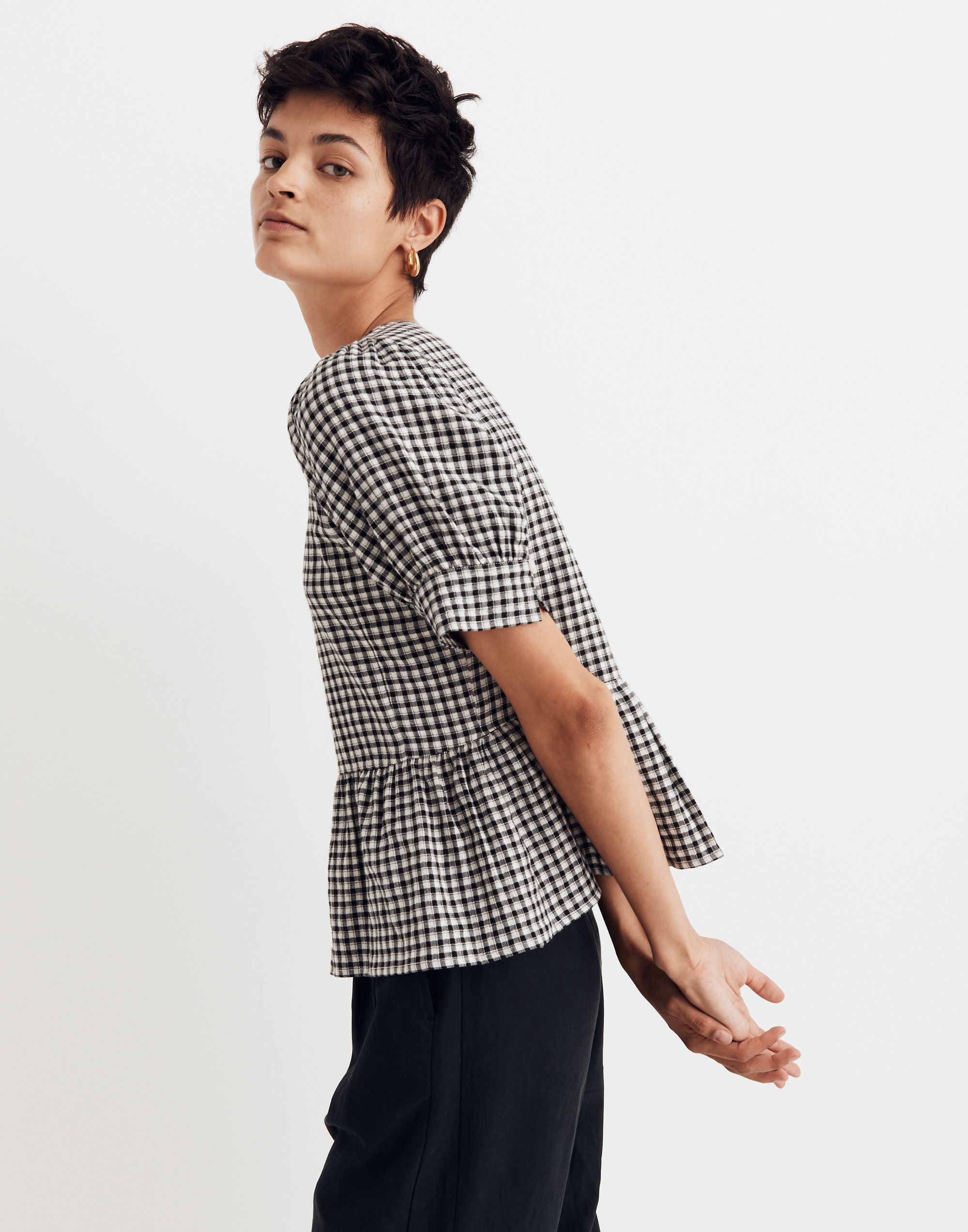 Brushed Gauze Puff-Sleeve Peplum Top in Gingham Check | Madewell