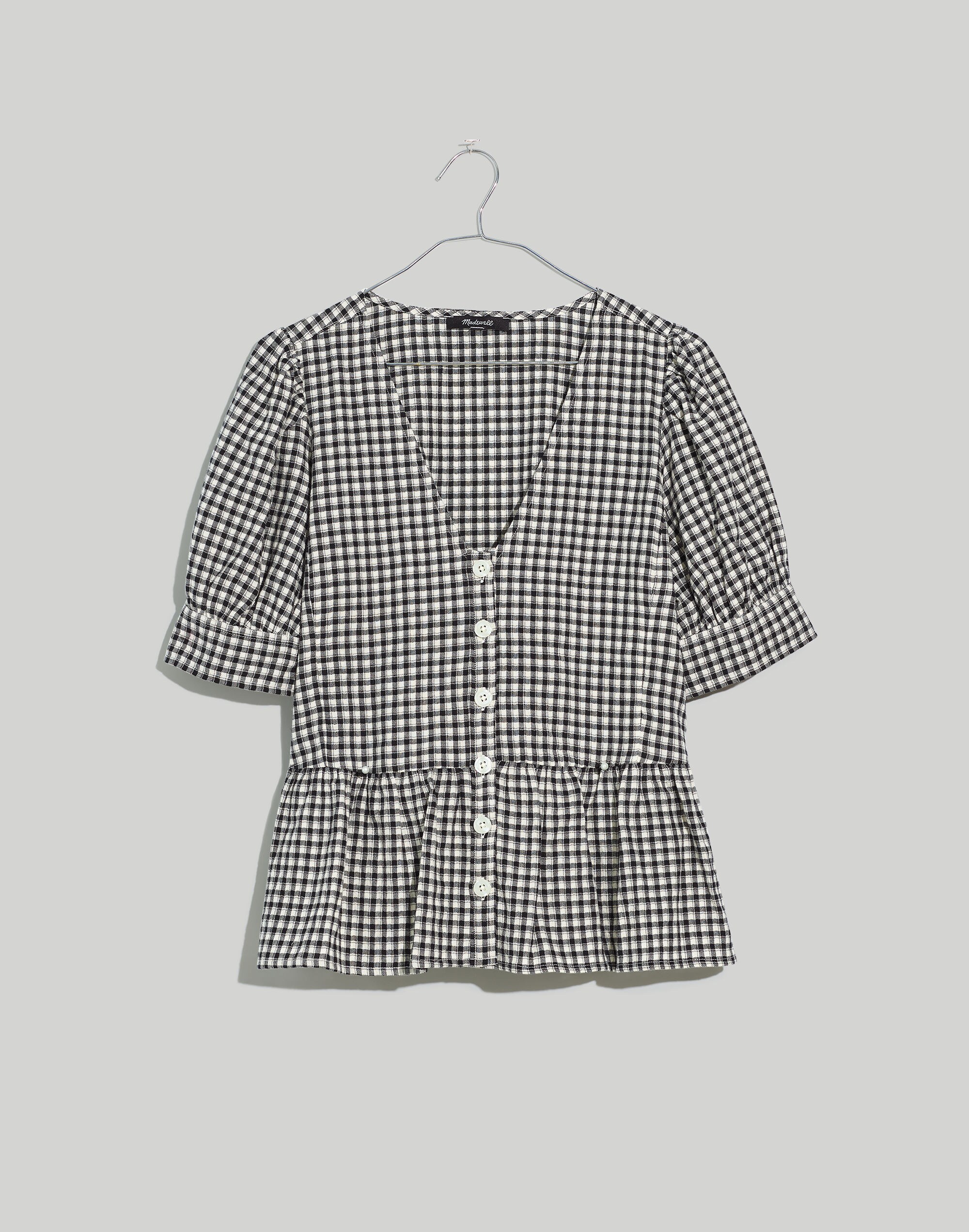 Brushed Gauze Puff-Sleeve Peplum Top in Gingham Check | Madewell